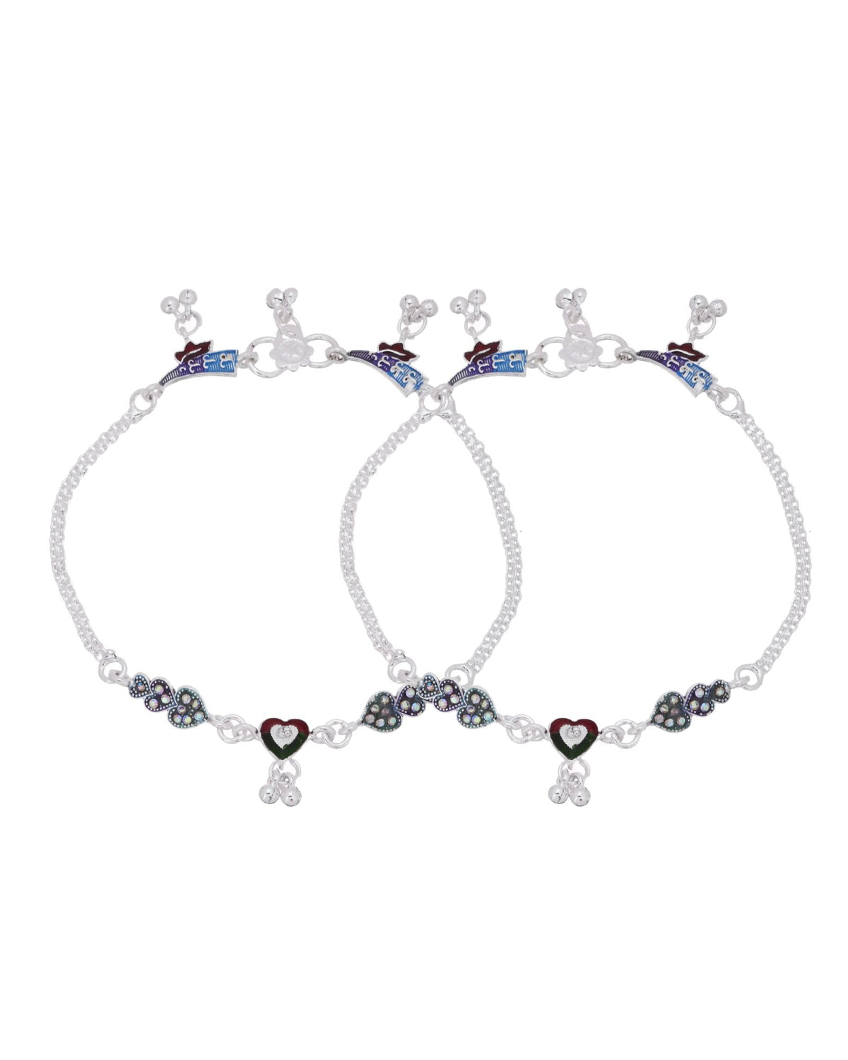 Jewels Nest Eternal Heart Silver Anklet With Multicolour Enamel Motifs And Bell Drop Detail | Grocsy
