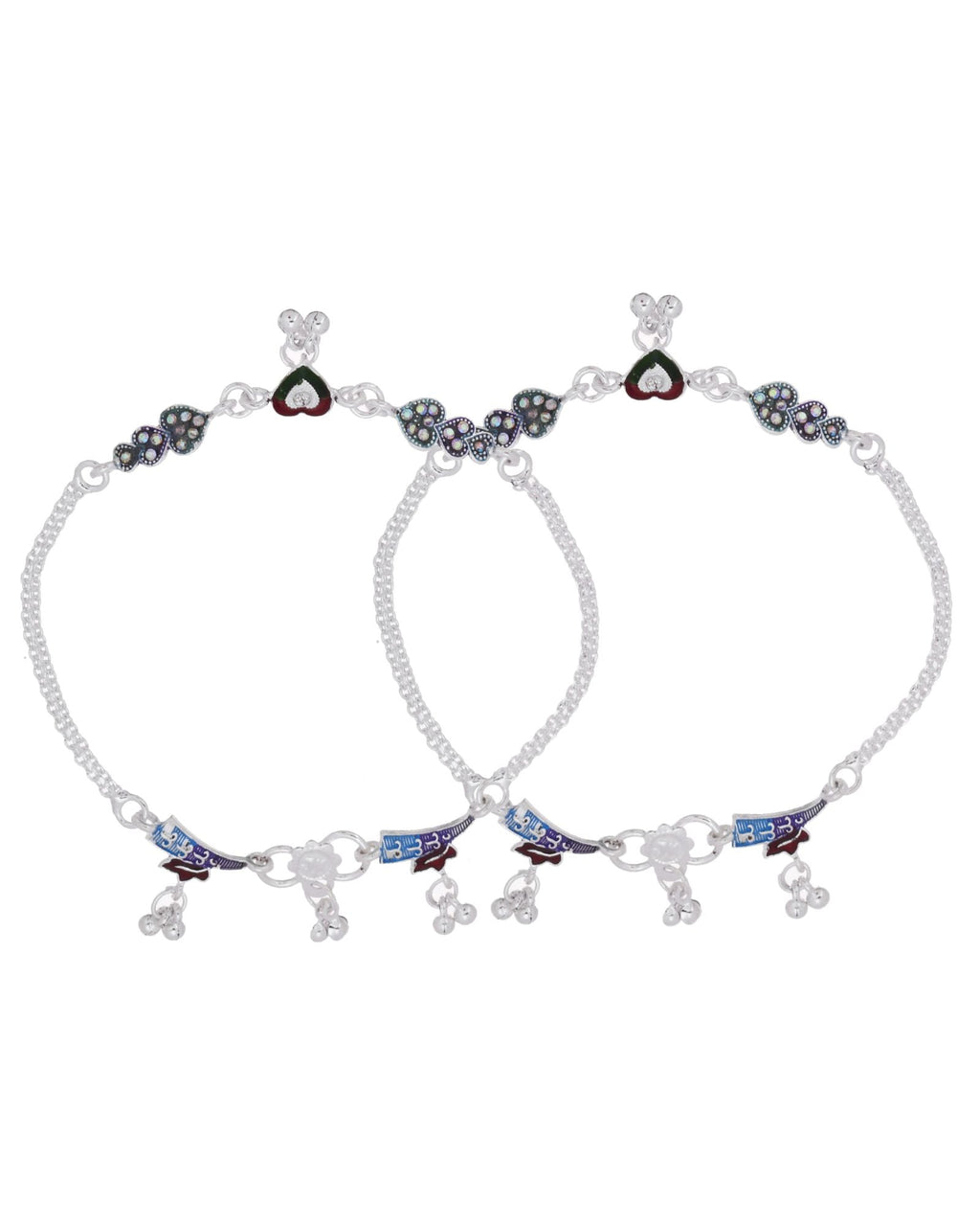 Jewels Nest Eternal Heart Silver Anklet With Multicolour Enamel Motifs And Bell Drop Detail | Grocsy
