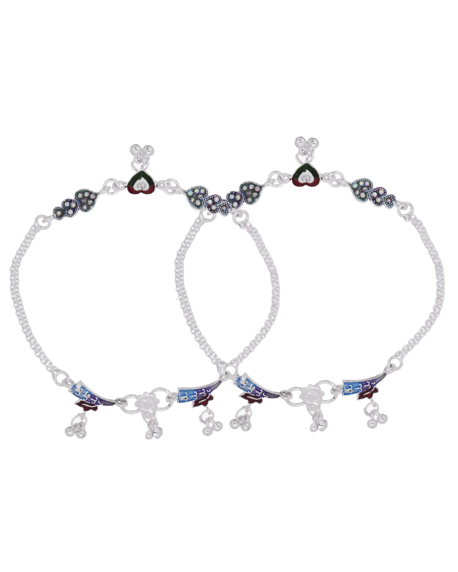 Jewels Nest Eternal Heart Silver Anklet With Multicolour Enamel Motifs And Bell Drop Detail | Grocsy