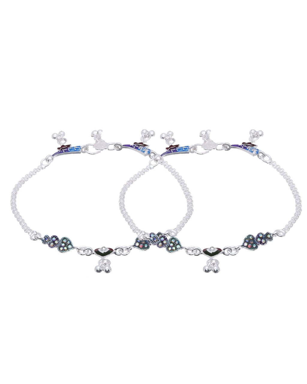 Jewels Nest Eternal Heart Silver Anklet With Multicolour Enamel Motifs And Bell Drop Detail | Grocsy