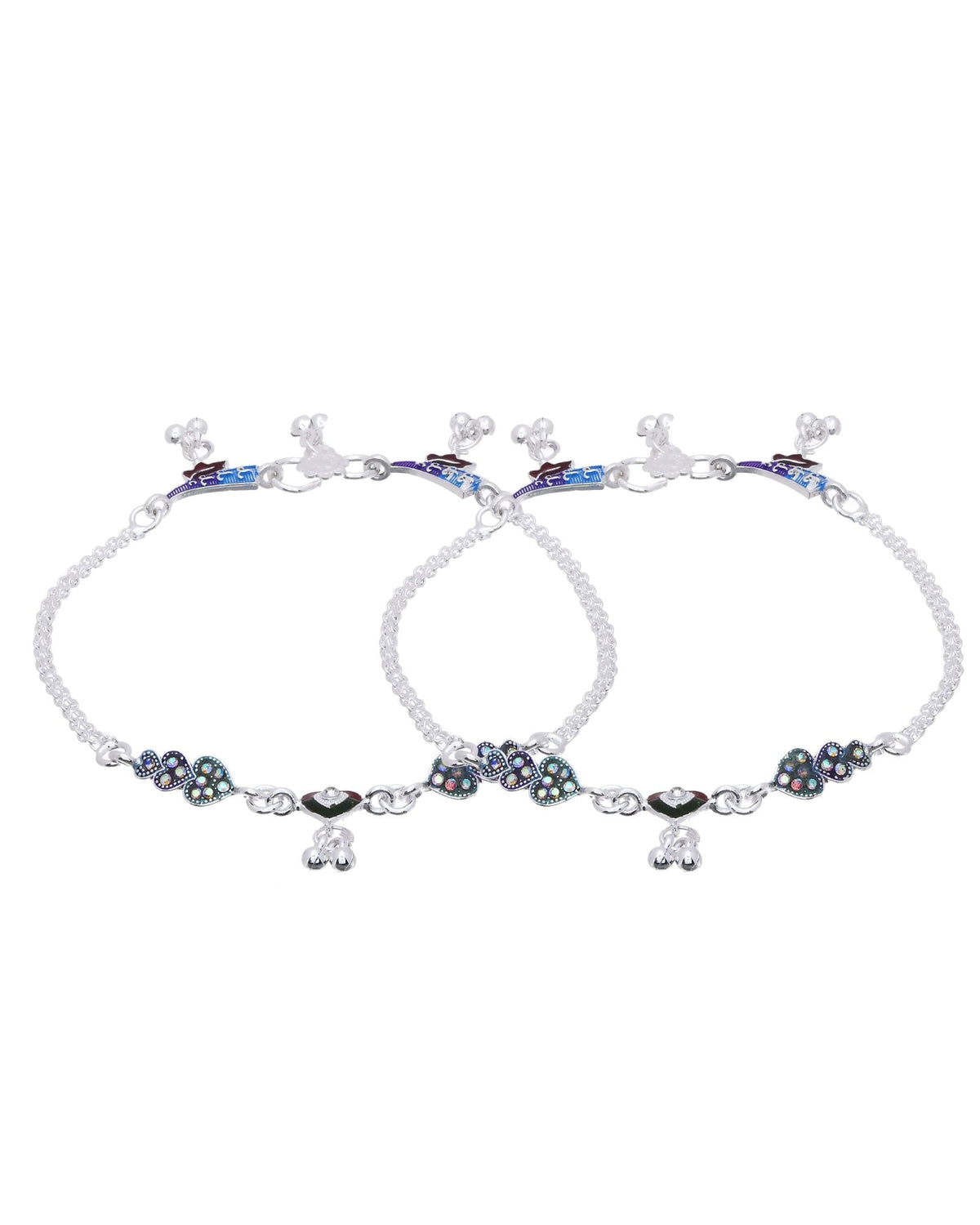 Jewels Nest Eternal Heart Silver Anklet With Multicolour Enamel Motifs And Bell Drop Detail | Grocsy
