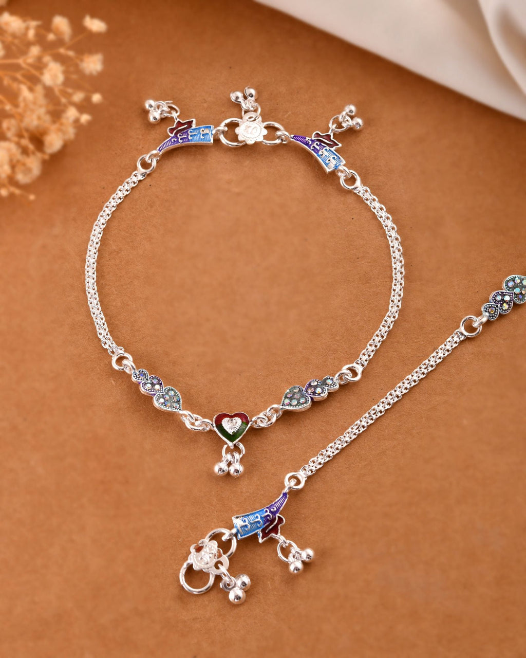 Jewels Nest Eternal Heart Silver Anklet With Multicolour Enamel Motifs And Bell Drop Detail | Grocsy