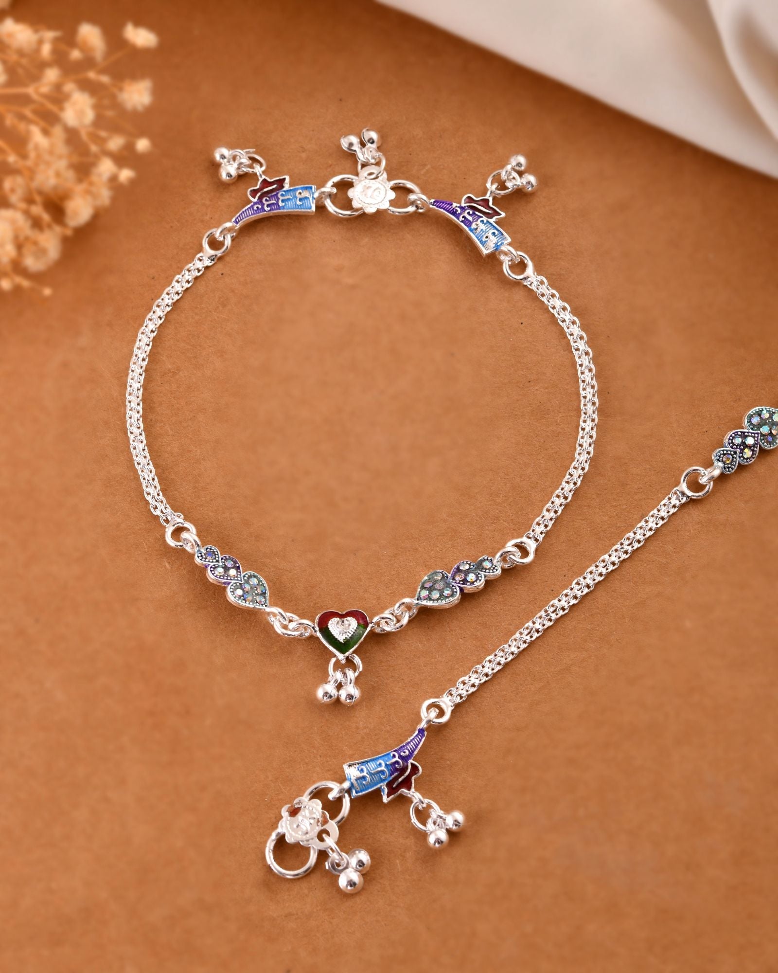 Jewels Nest Eternal Heart Silver Anklet With Multicolour Enamel Motifs And Bell Drop Detail | Grocsy