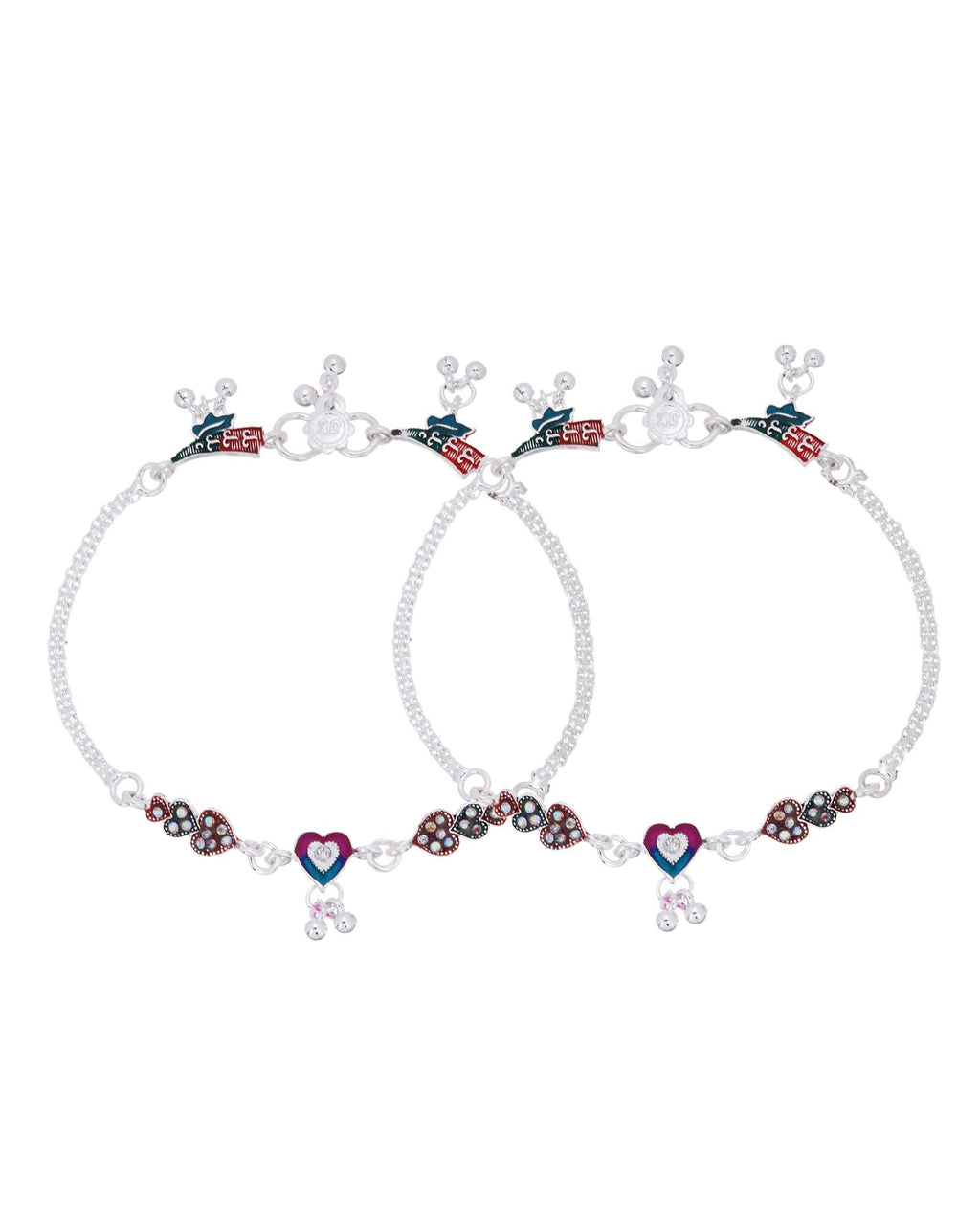 Jewels Nest Celebration Heart Silver Anklet With Enamel Accents And Twin Bell Charm | Grocsy