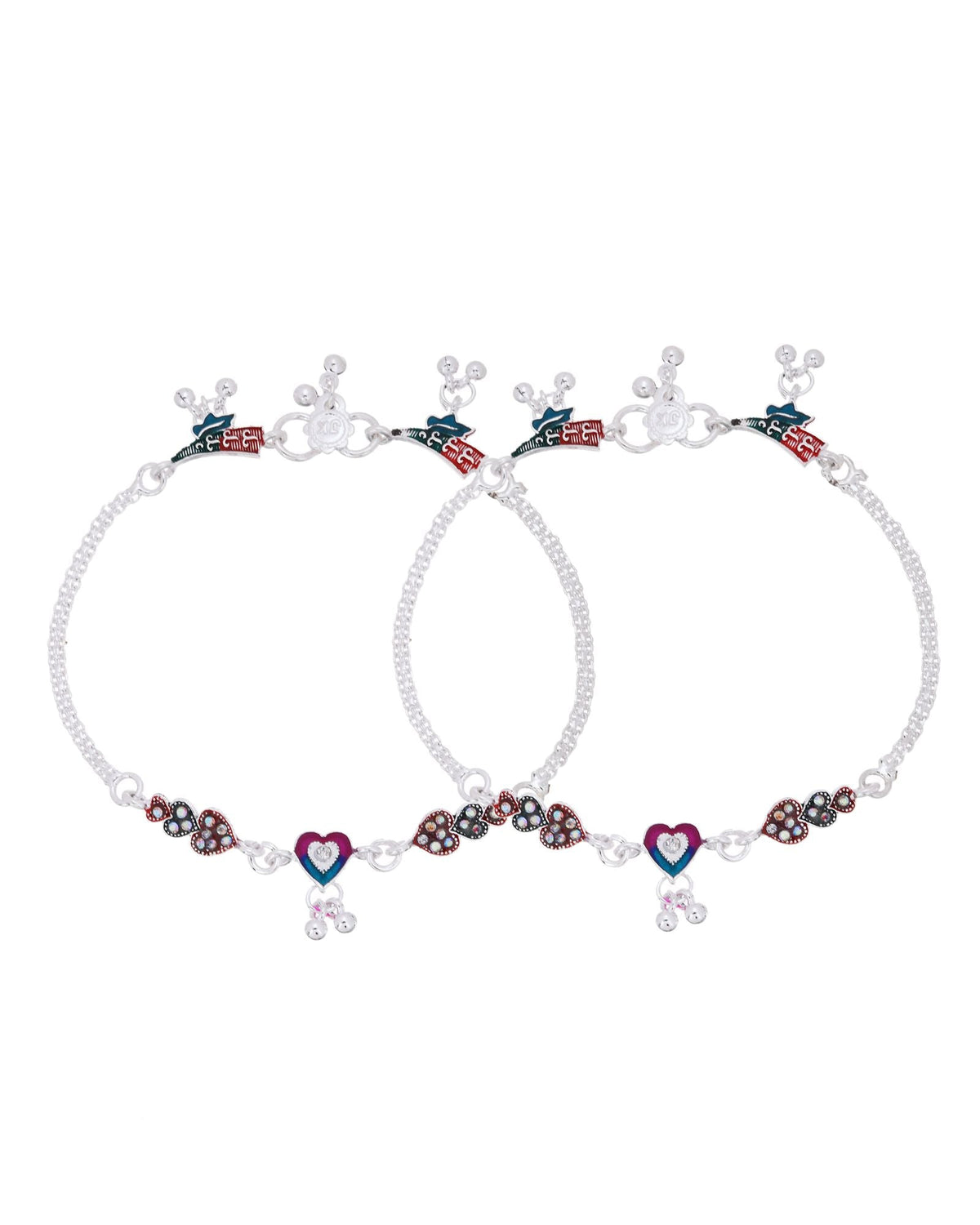 Jewels Nest Celebration Heart Silver Anklet With Enamel Accents And Twin Bell Charm | Grocsy