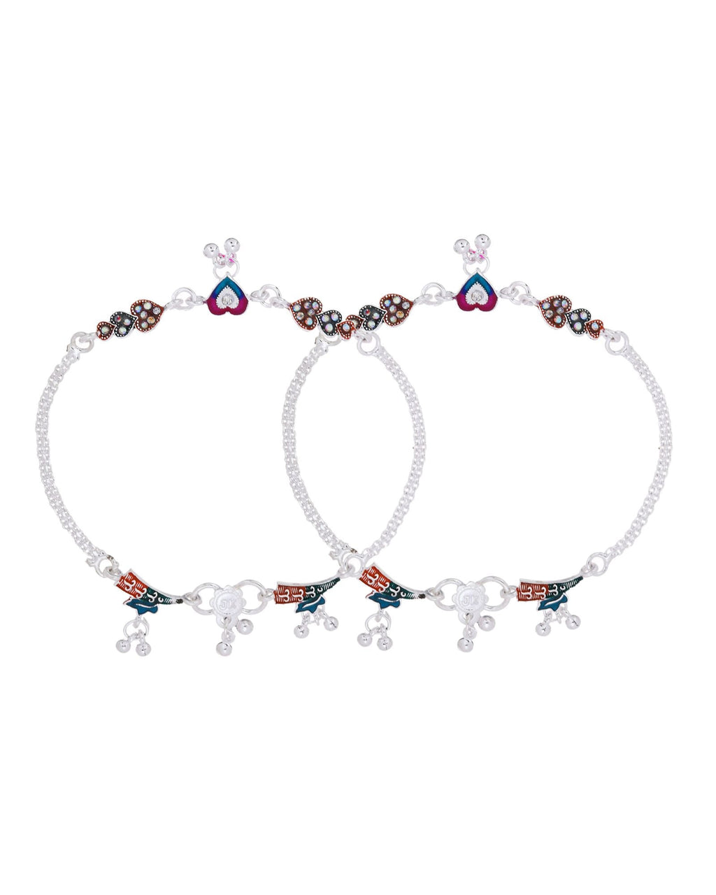 Jewels Nest Celebration Heart Silver Anklet With Enamel Accents And Twin Bell Charm | Grocsy