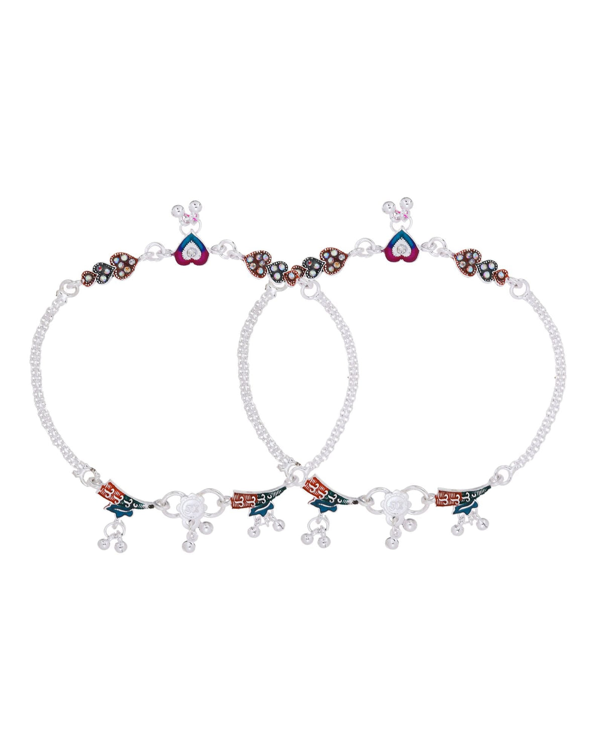 Jewels Nest Celebration Heart Silver Anklet With Enamel Accents And Twin Bell Charm | Grocsy