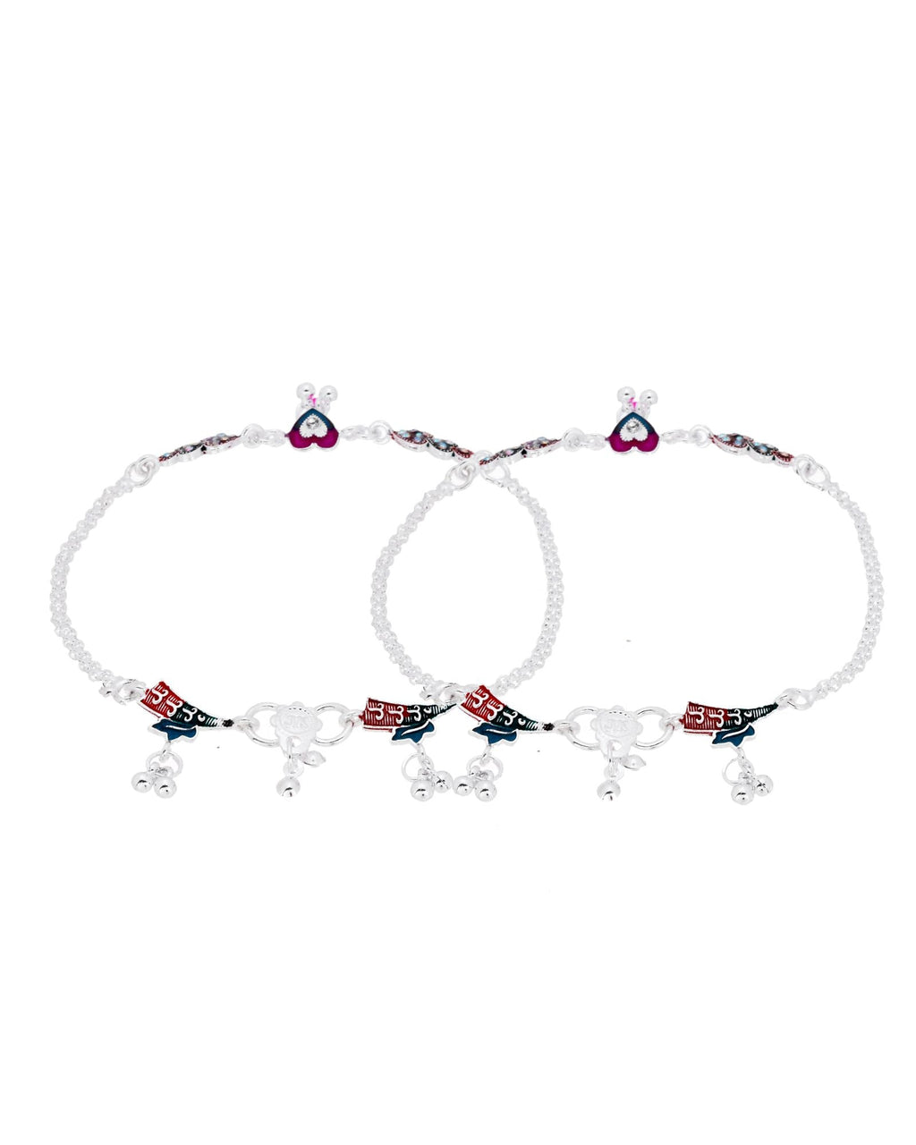 Jewels Nest Celebration Heart Silver Anklet With Enamel Accents And Twin Bell Charm | Grocsy