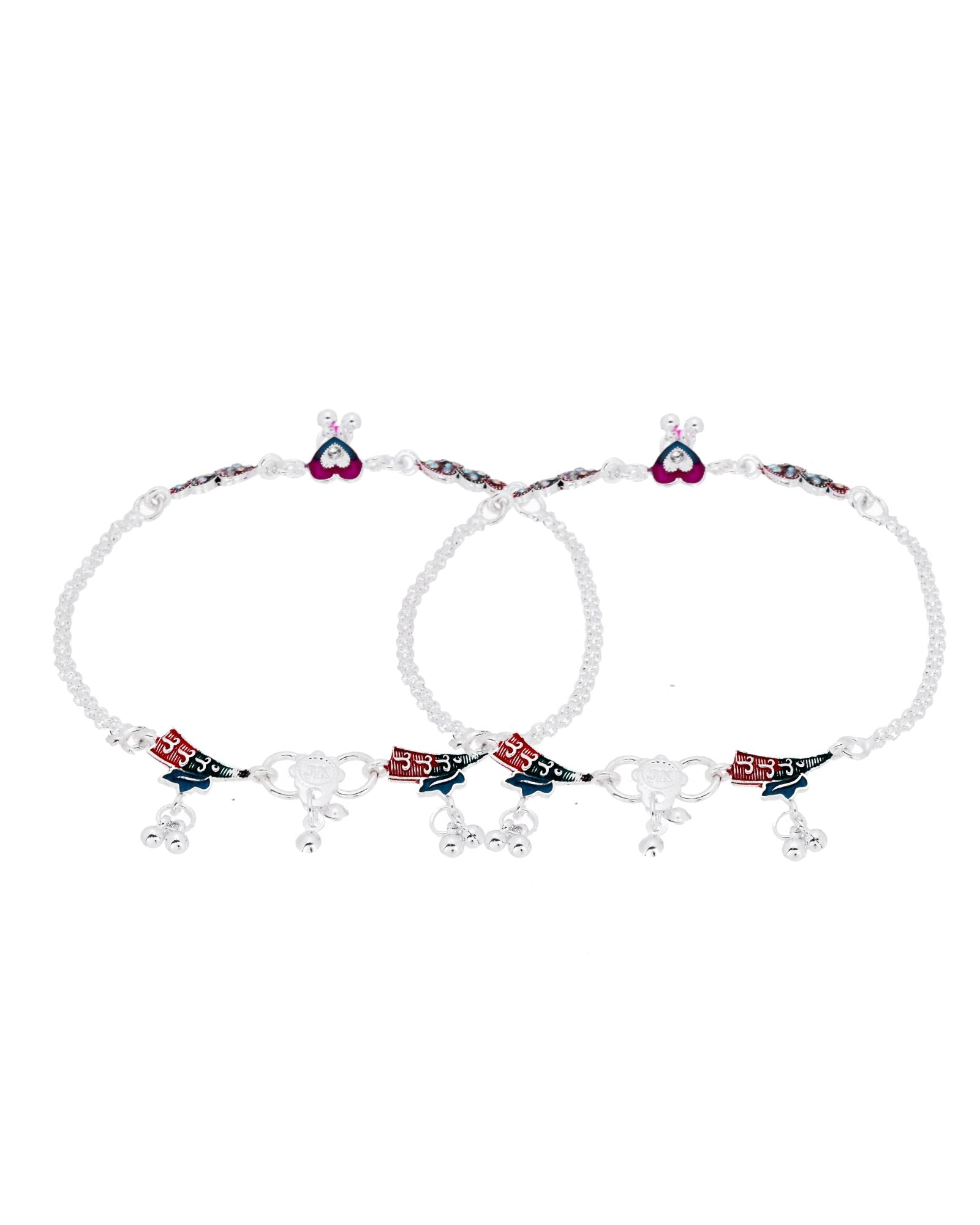 Jewels Nest Celebration Heart Silver Anklet With Enamel Accents And Twin Bell Charm | Grocsy
