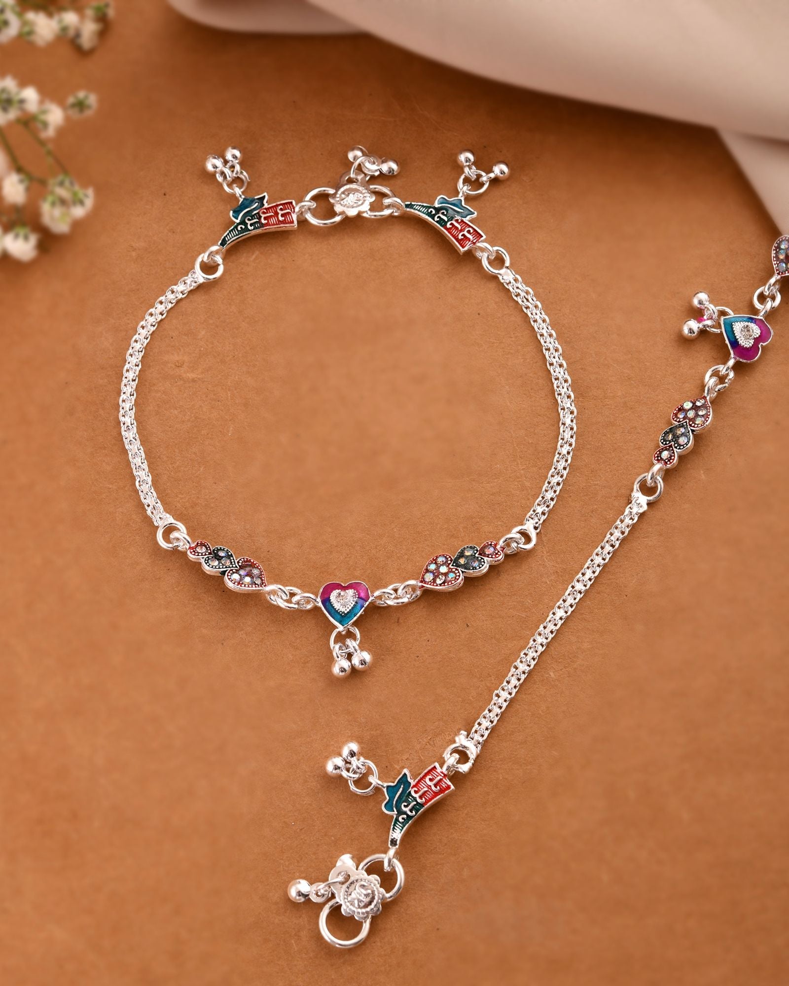 Jewels Nest Celebration Heart Silver Anklet With Enamel Accents And Twin Bell Charm | Grocsy