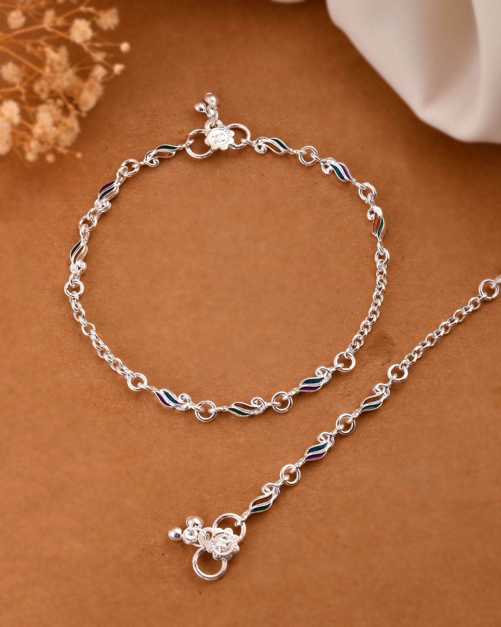 Jewels Nest Graceflow Silver Anklet With Multi Color Enamel Wave Links And Bell Finish | Grocsy