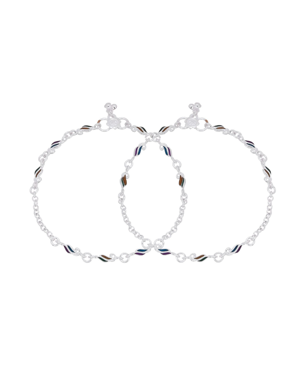 Jewels Nest Rippletone Silver Anklet With Multicolour Enamel Link Detailing And Floral Clasp | Grocsy
