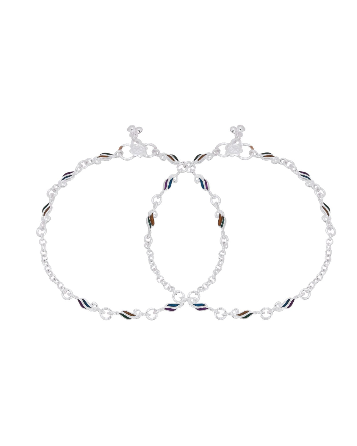 Jewels Nest Rippletone Silver Anklet With Multicolour Enamel Link Detailing And Floral Clasp | Grocsy