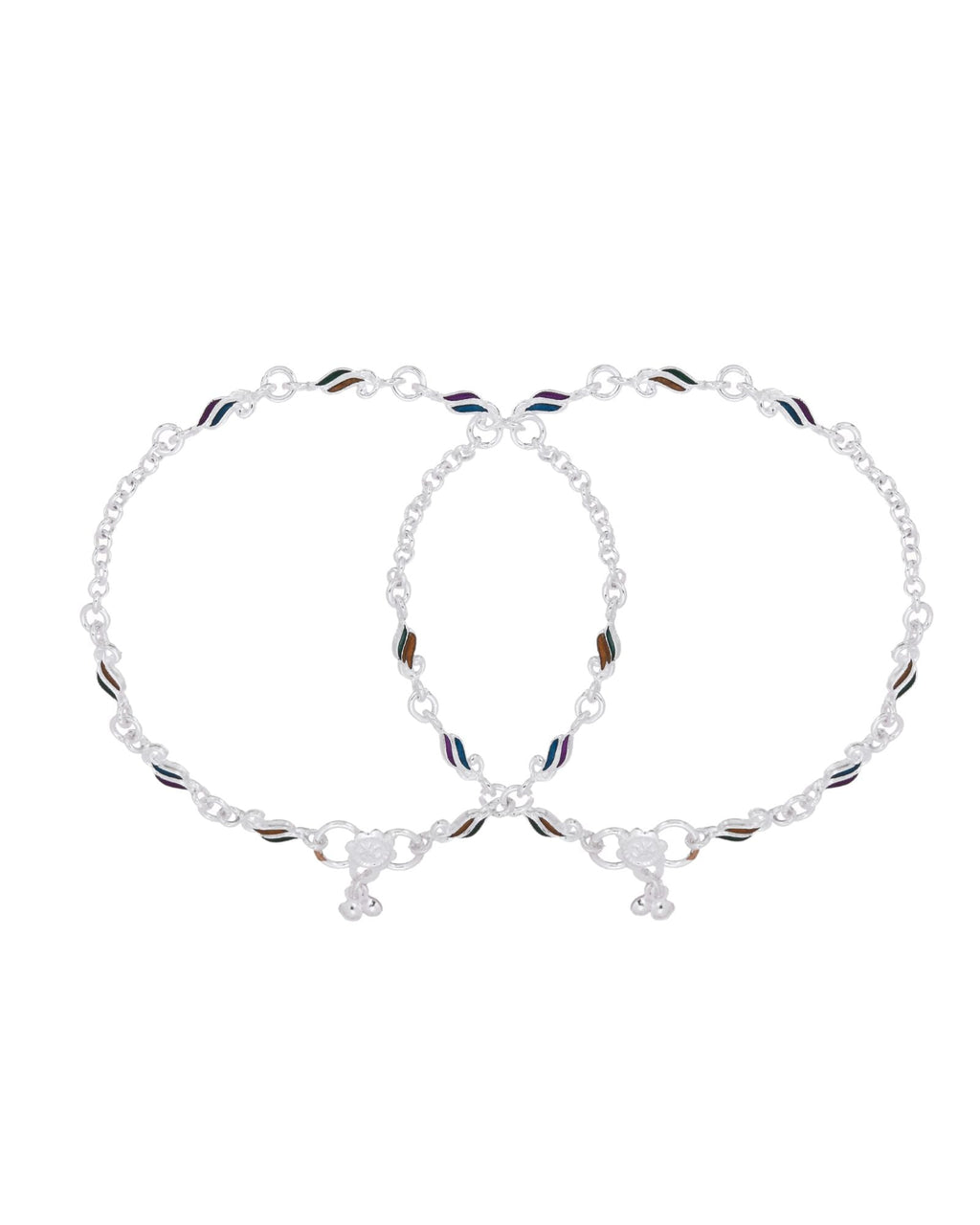 Jewels Nest Rippletone Silver Anklet With Multicolour Enamel Link Detailing And Floral Clasp | Grocsy