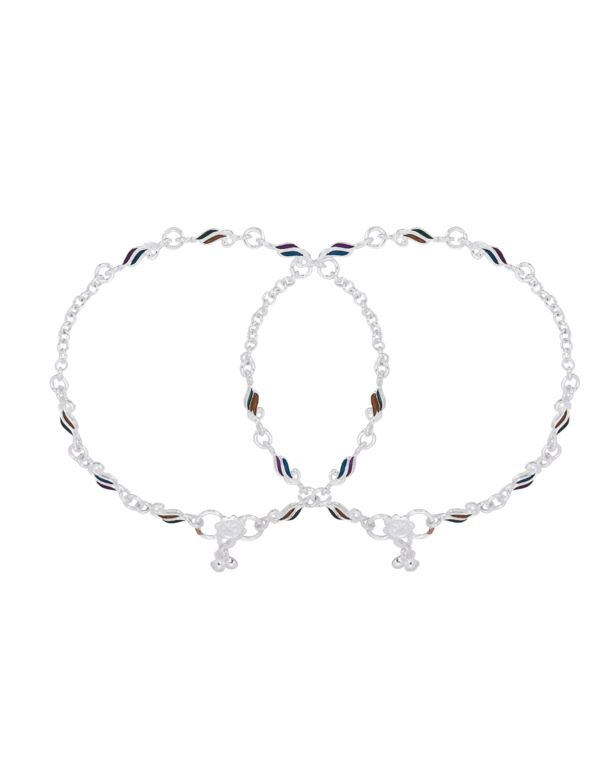 Jewels Nest Rippletone Silver Anklet With Multicolour Enamel Link Detailing And Floral Clasp | Grocsy