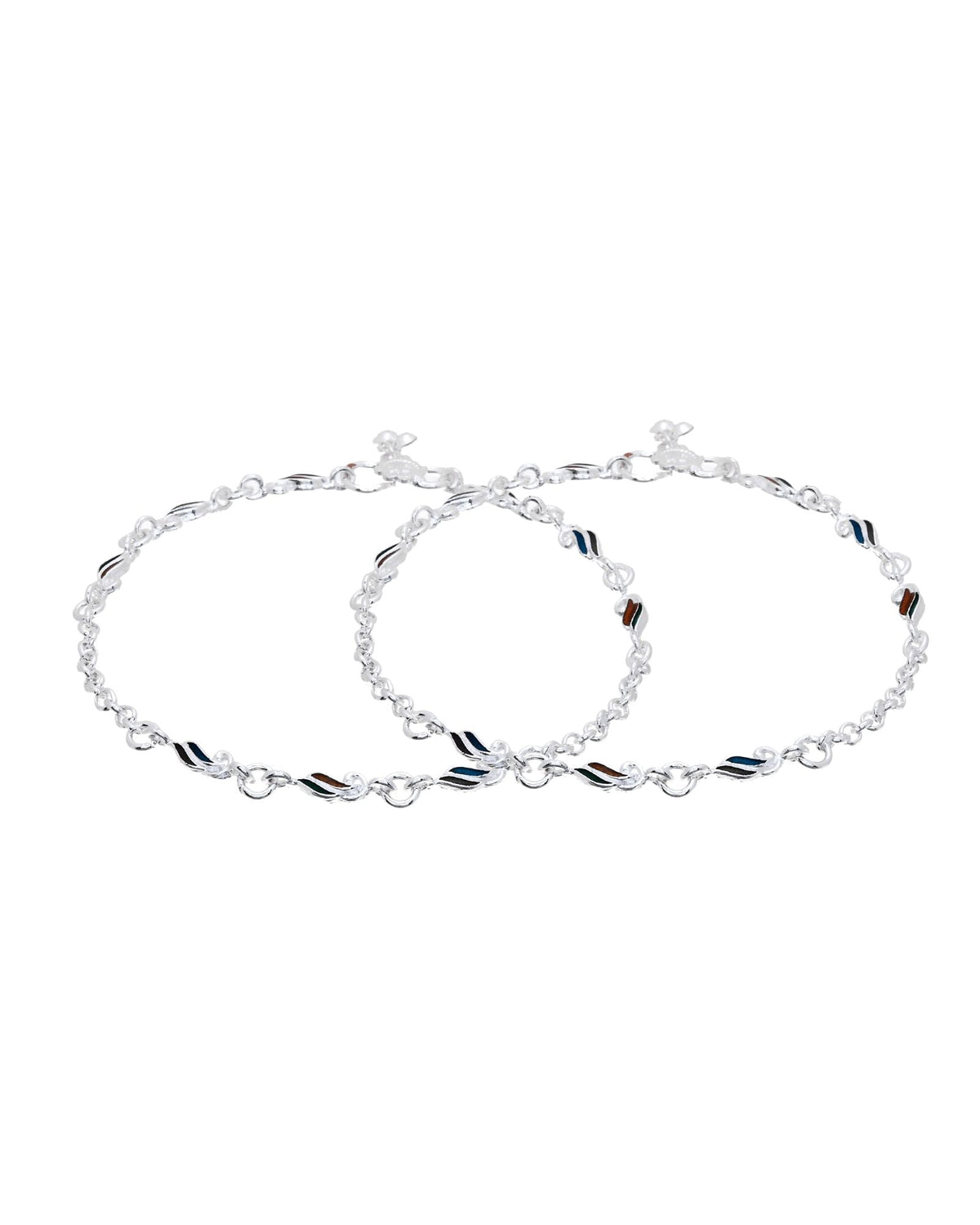 Jewels Nest Rippletone Silver Anklet With Multicolour Enamel Link Detailing And Floral Clasp | Grocsy