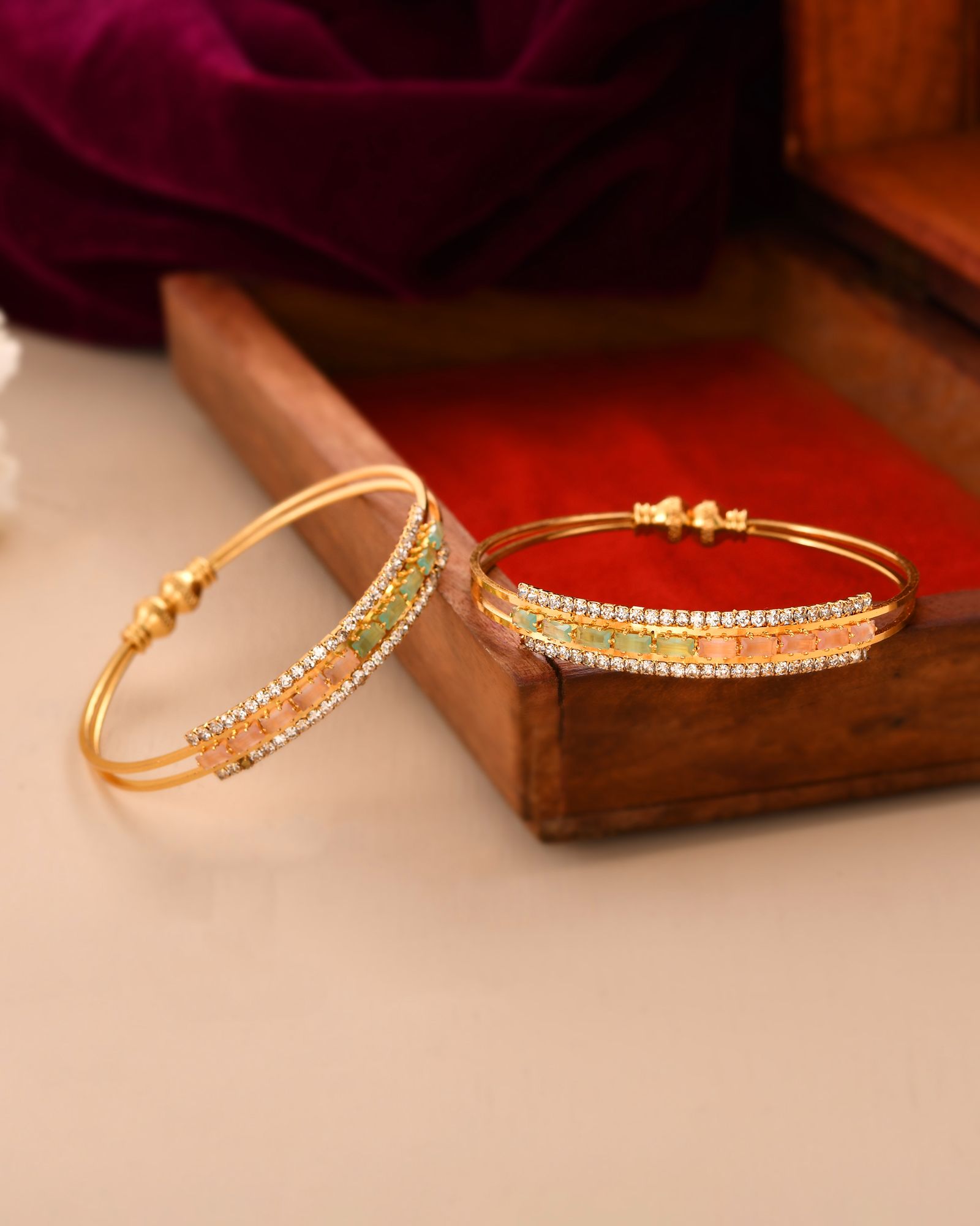 Jewels Nest Gold-Toned Dual Stone Crystal Detail Openable Bangles For Women | Grocsy