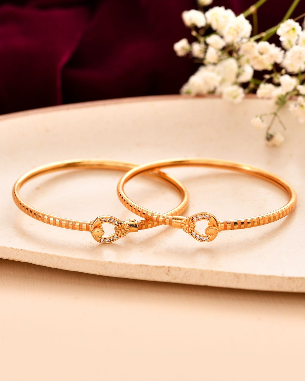 Jewels Nest Gold-Plated Textured Bangle Set With Crystal Accent For Women | Grocsy