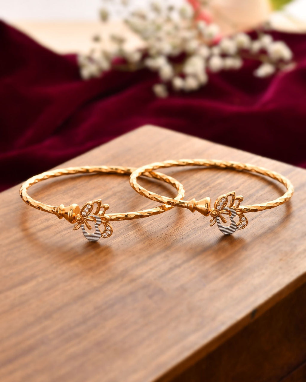 Jewels Nest Gold-Plated Textured Bangle Set With Butterfly Motif For Women | Grocsy