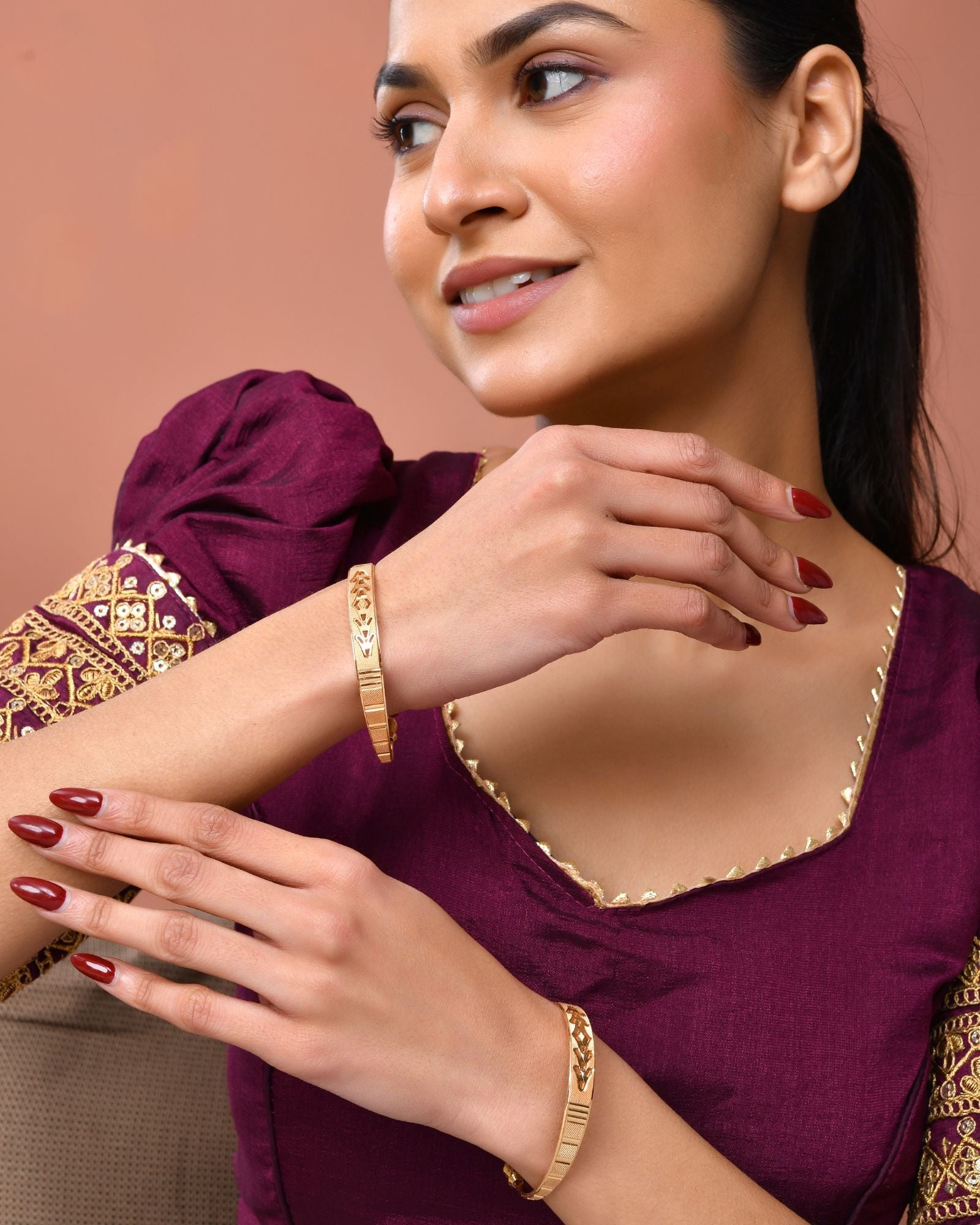Jewels Nest Gold Plated Engraved Pattern Bangles For Women | Elegant Traditional Design Pair | Grocsy