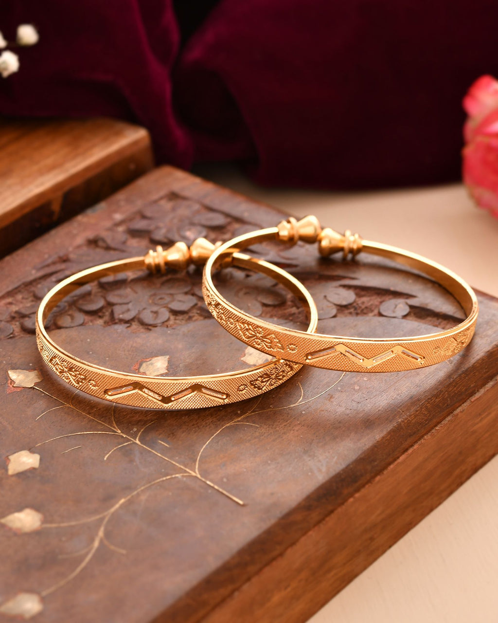 Jewels Nest Gold Plated Floral Engraved Bangles For Women | Classic Daily Wear Design Pair | Grocsy