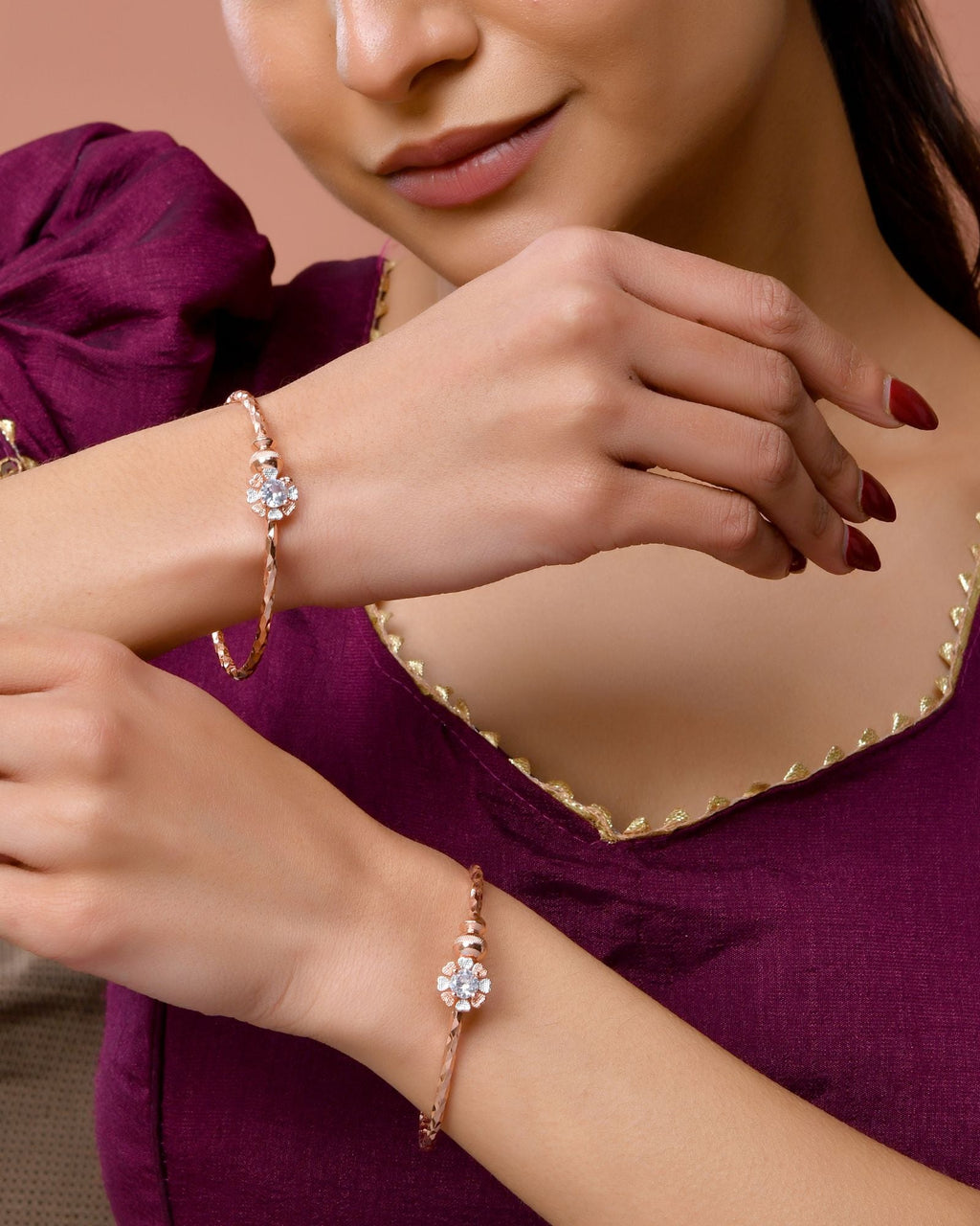 Jewels Nest Rose Gold Plated Floral Stone Bangles For Women | Elegant Daily Wear Pair | Grocsy