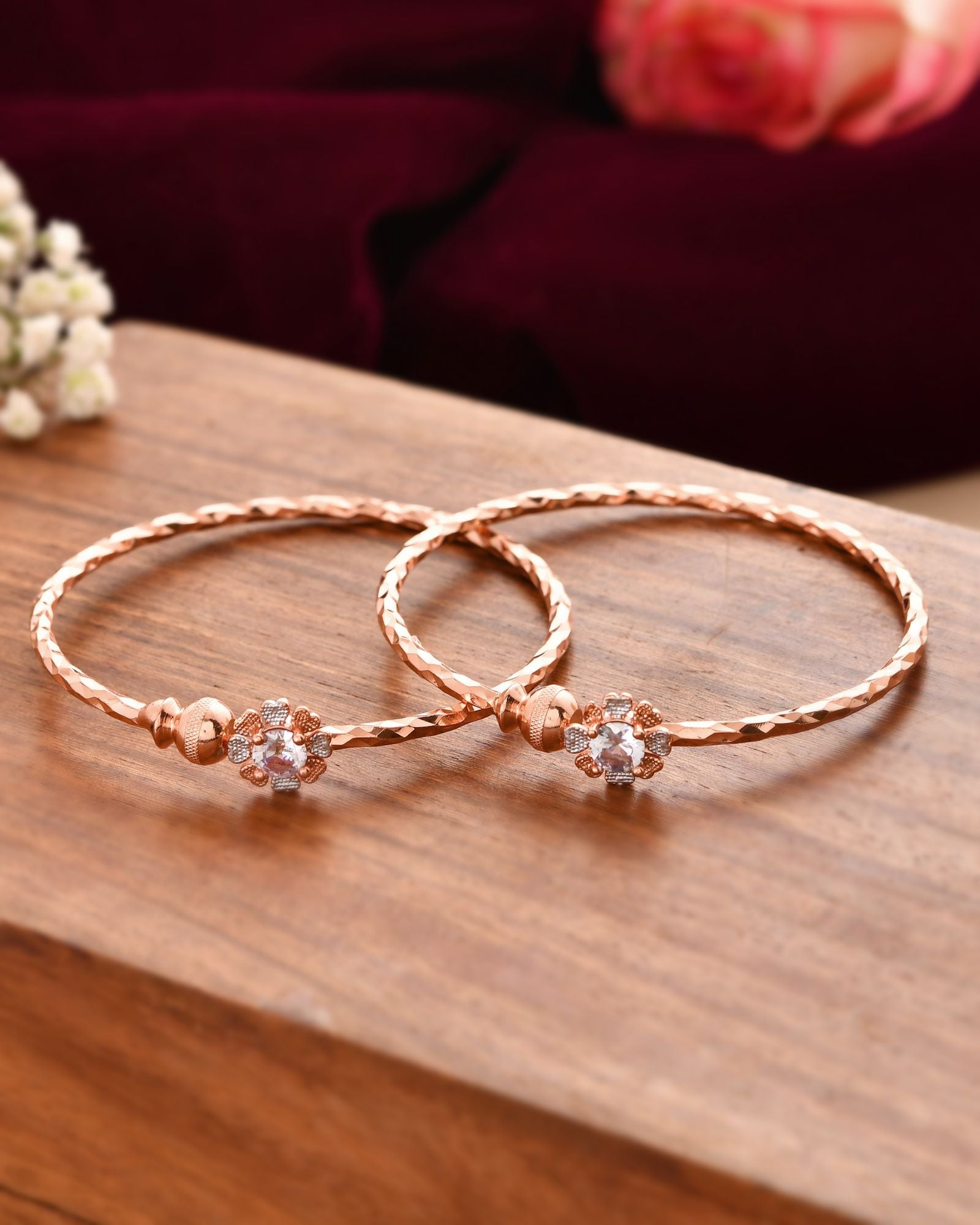 Jewels Nest Rose Gold Plated Floral Stone Bangles For Women | Elegant Daily Wear Pair | Grocsy