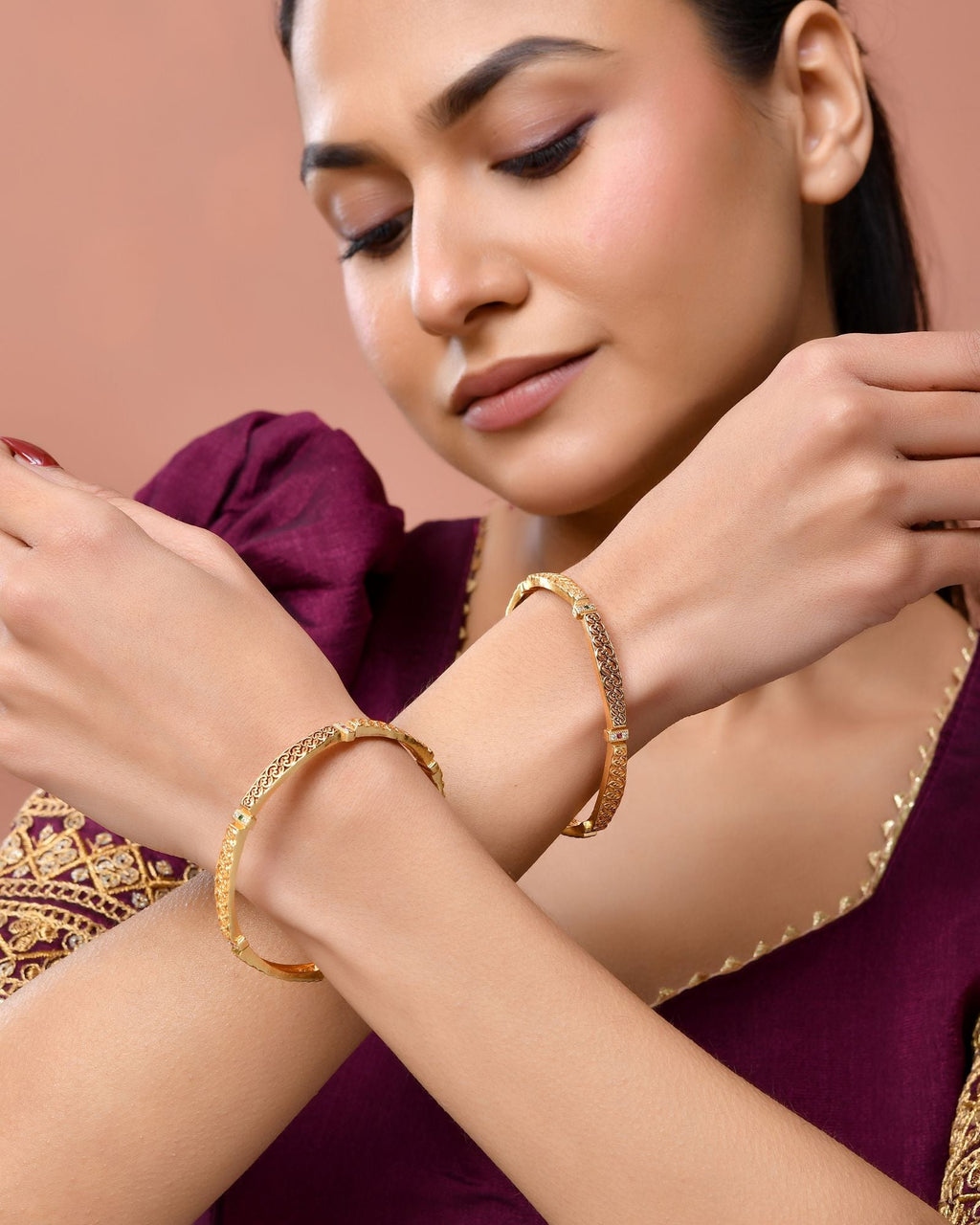 Jewels Nest Gold Finish Filigree Design Bangles For Women | Traditional Designer Pair | Grocsy