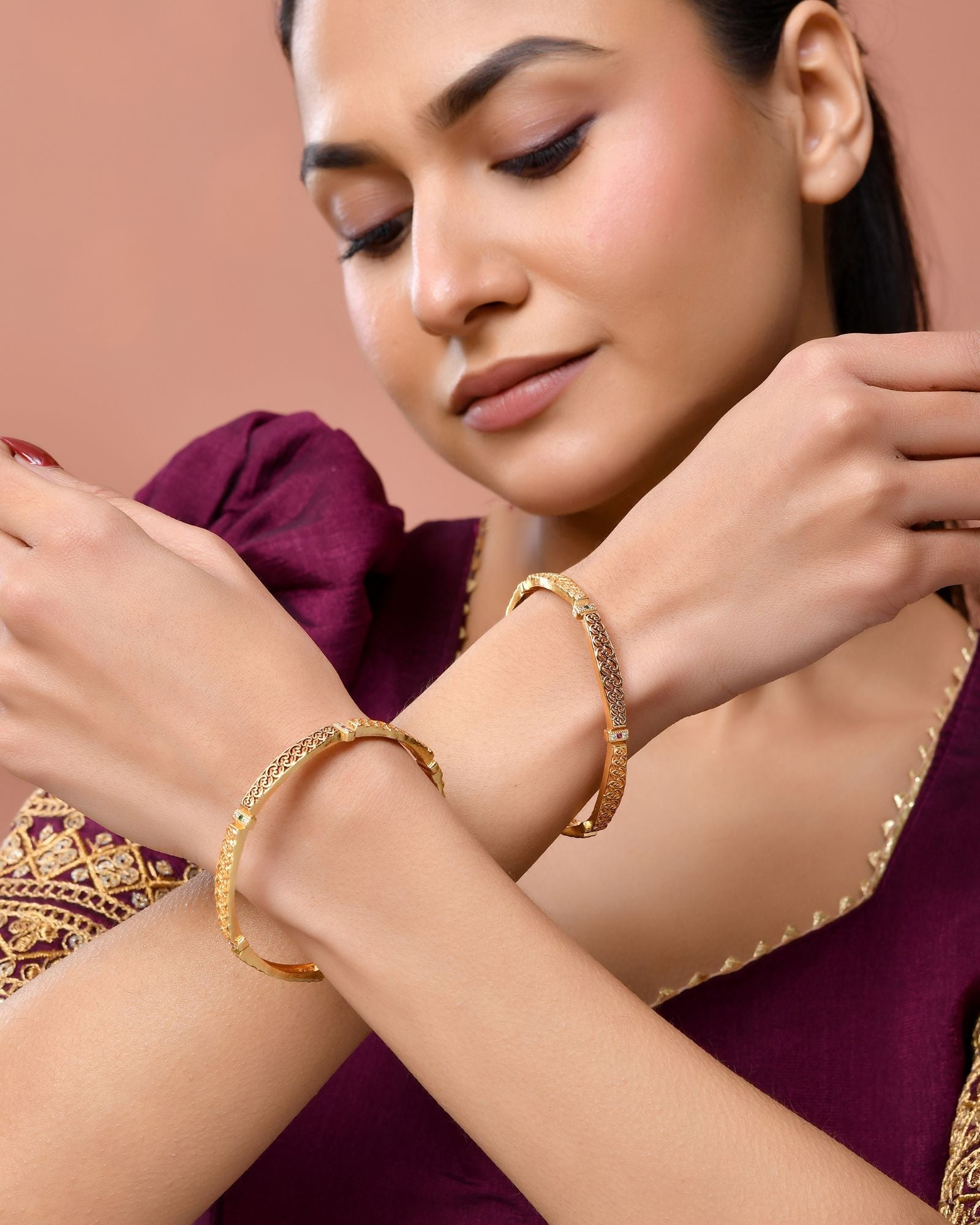 Jewels Nest Gold Finish Filigree Design Bangles For Women | Traditional Designer Pair | Grocsy