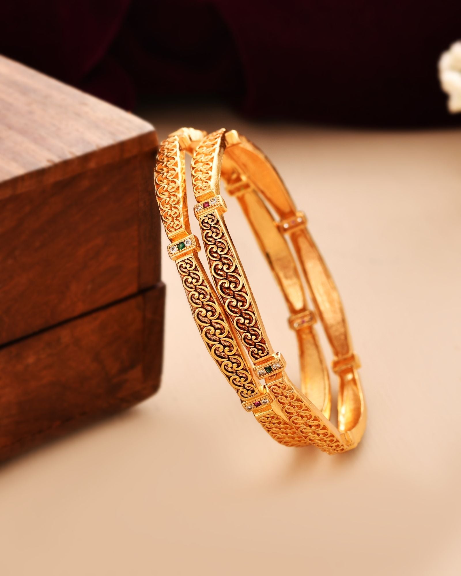 Jewels Nest Gold Finish Filigree Design Bangles For Women | Traditional Designer Pair | Grocsy