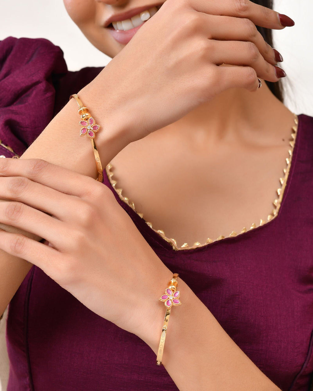 Jewels Nest Gold Finish Floral Stone Bangles For Women | Traditional Designer Pair | Grocsy