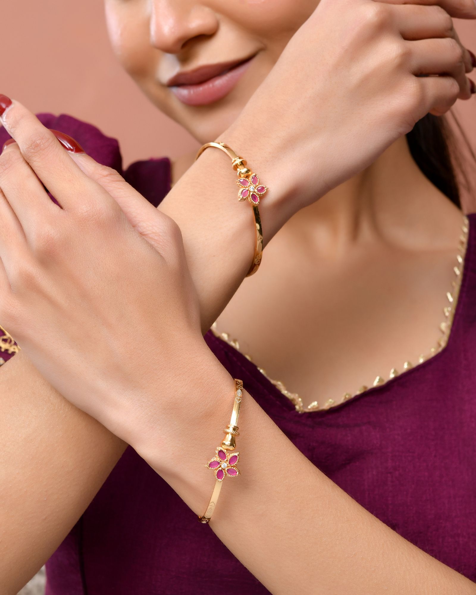 Jewels Nest Gold Finish Floral Stone Bangles For Women | Traditional Designer Pair | Grocsy