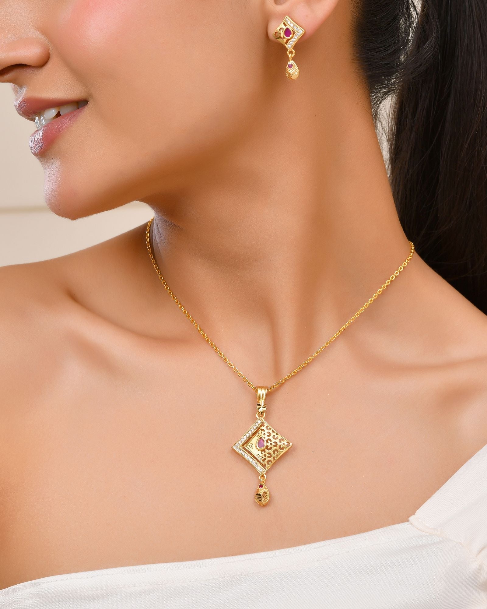 Jewels Nest Gold Finish Square Pendant Necklace Set With Stone Stud Earrings For Women | Grocsy