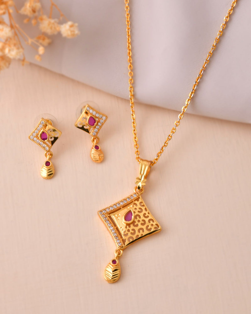 Jewels Nest Gold Finish Square Pendant Necklace Set With Stone Stud Earrings For Women | Grocsy