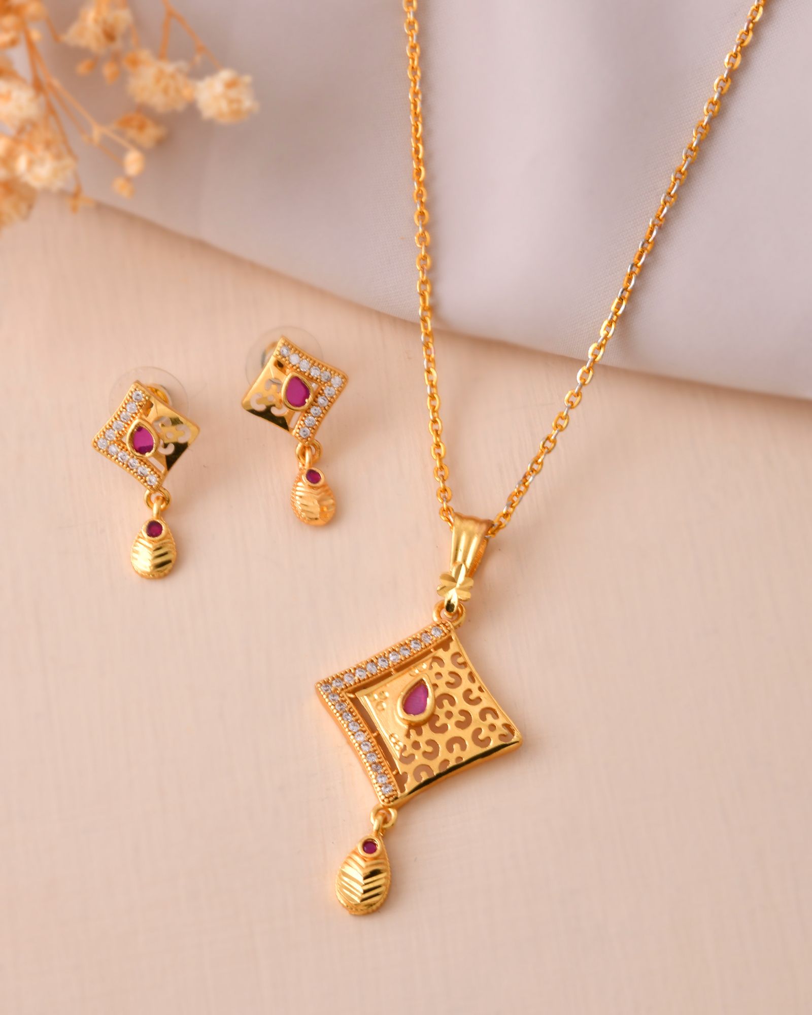 Jewels Nest Gold Finish Square Pendant Necklace Set With Stone Stud Earrings For Women | Grocsy
