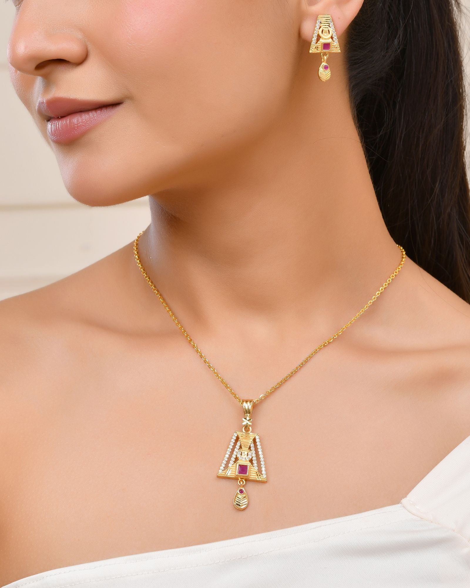 Jewels Nest Gold-Plated Geometric Pendant Necklace Set With Stone Stud Earrings For Women | Grocsy