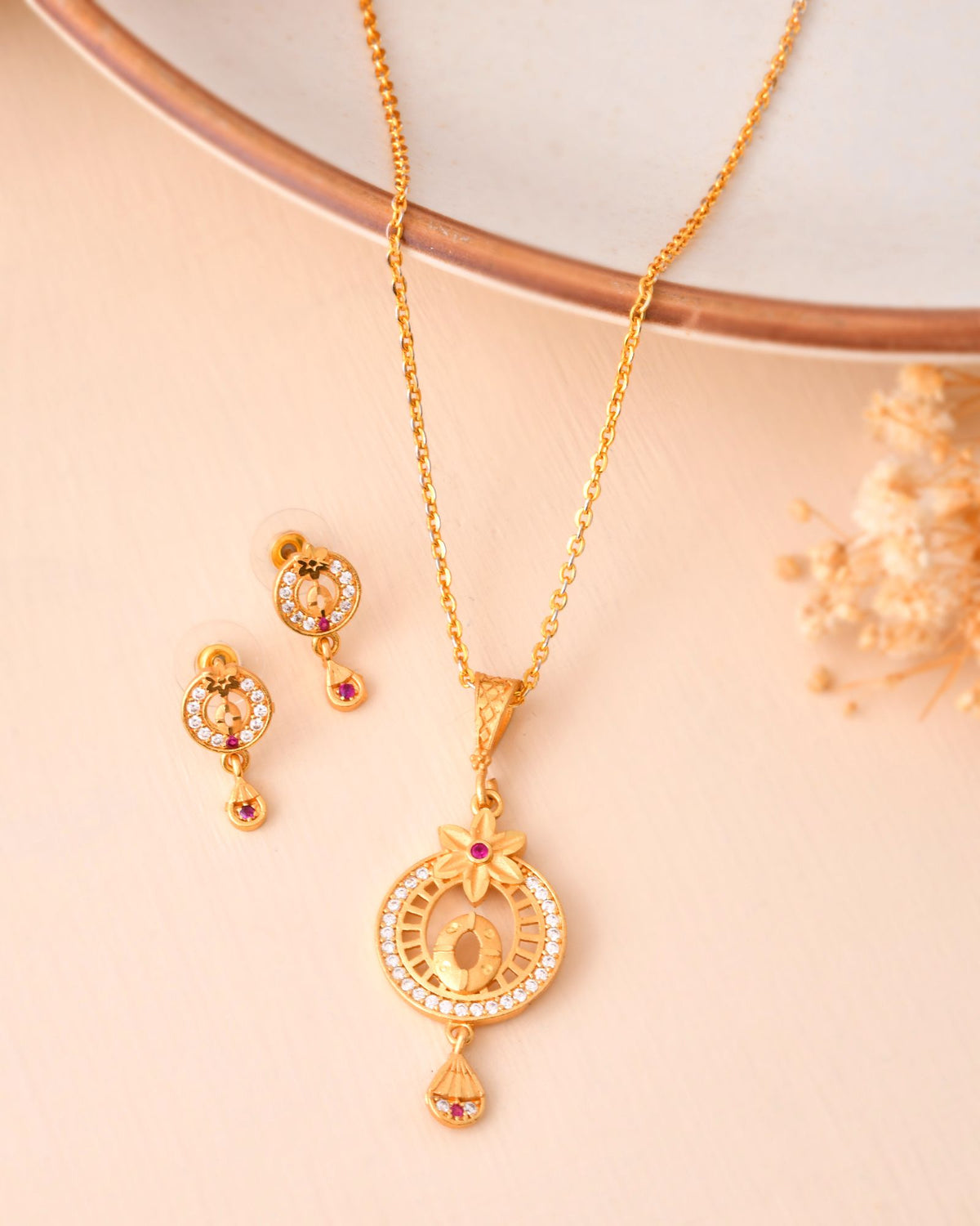 Jewels Nest Gold-Plated Circular Pendant Necklace With Matching Stud Earrings For Women | Grocsy