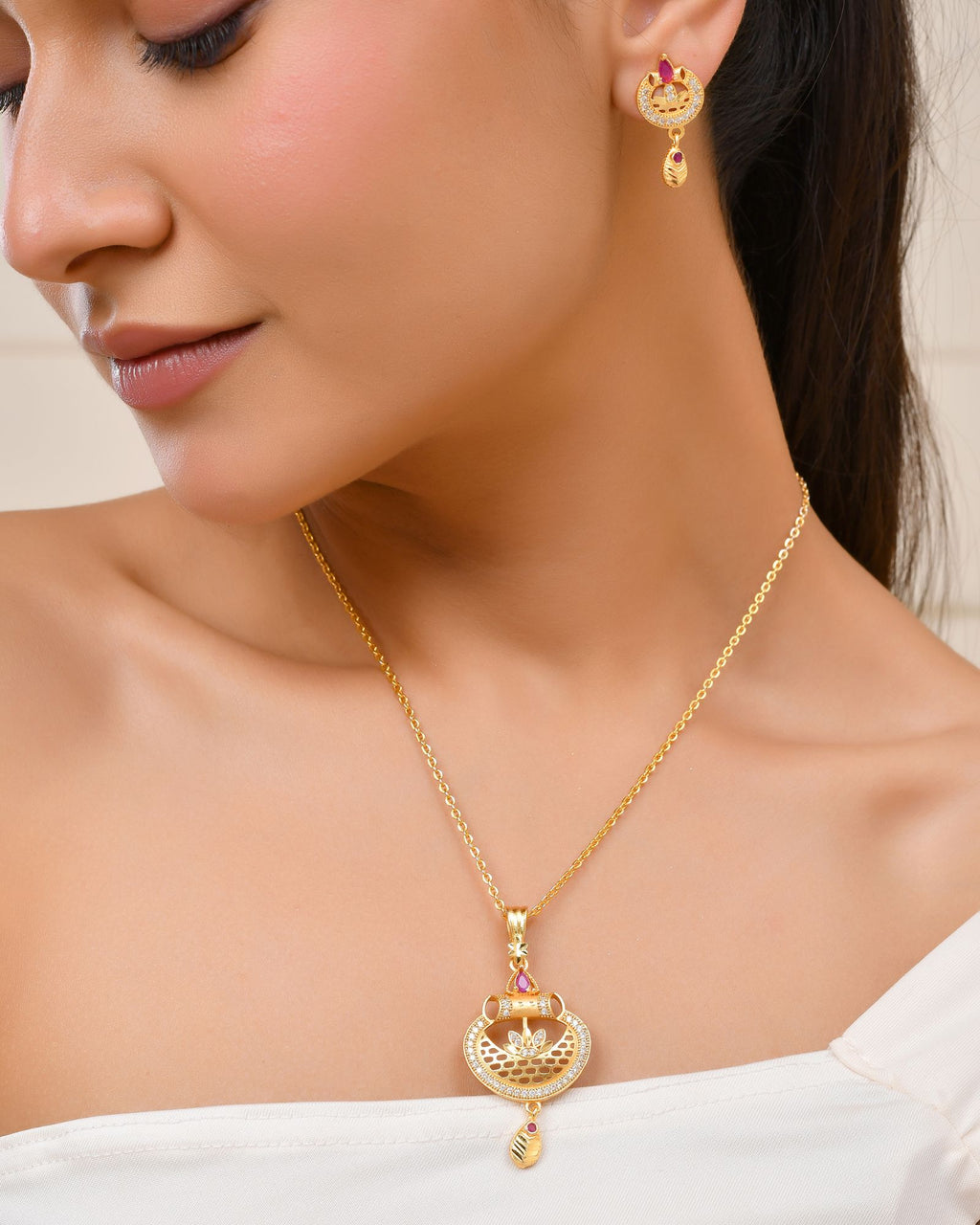 Jewels Nest Gold-Plated Traditional Pendant Necklace Set With Matching Earrings For Women | Grocsy