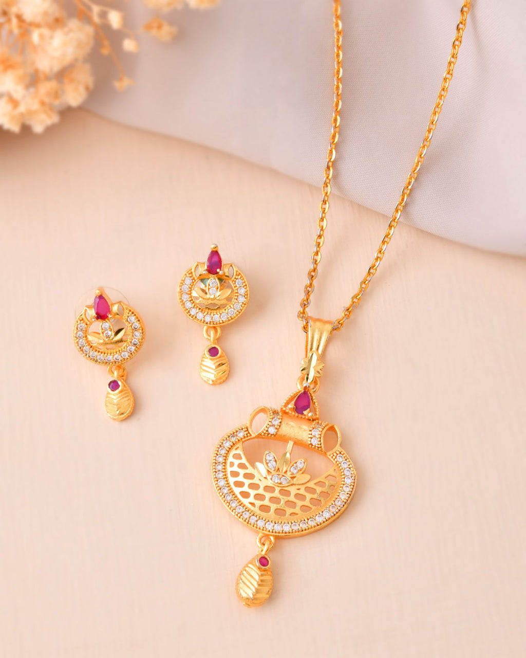 Jewels Nest Gold-Plated Traditional Pendant Necklace Set With Matching Earrings For Women | Grocsy