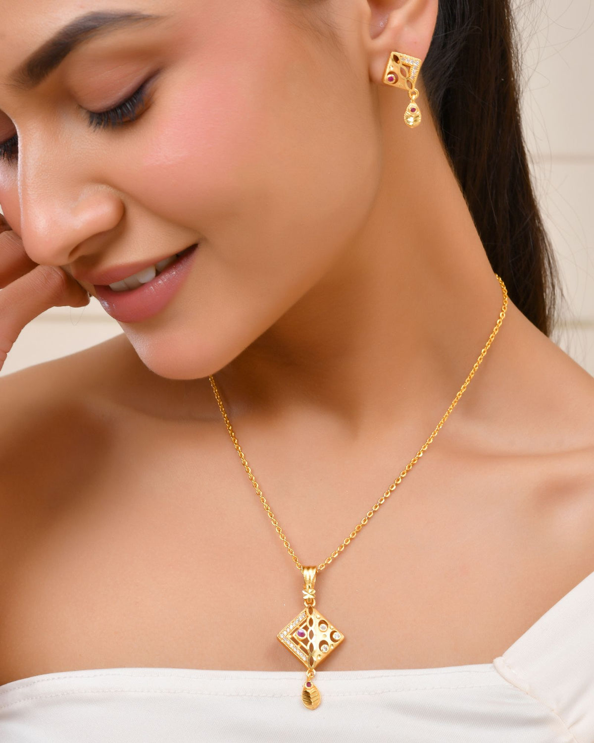 Jewels Nest Gold-Plated Square Pendant Necklace Set With Matching Earrings For Women | Grocsy