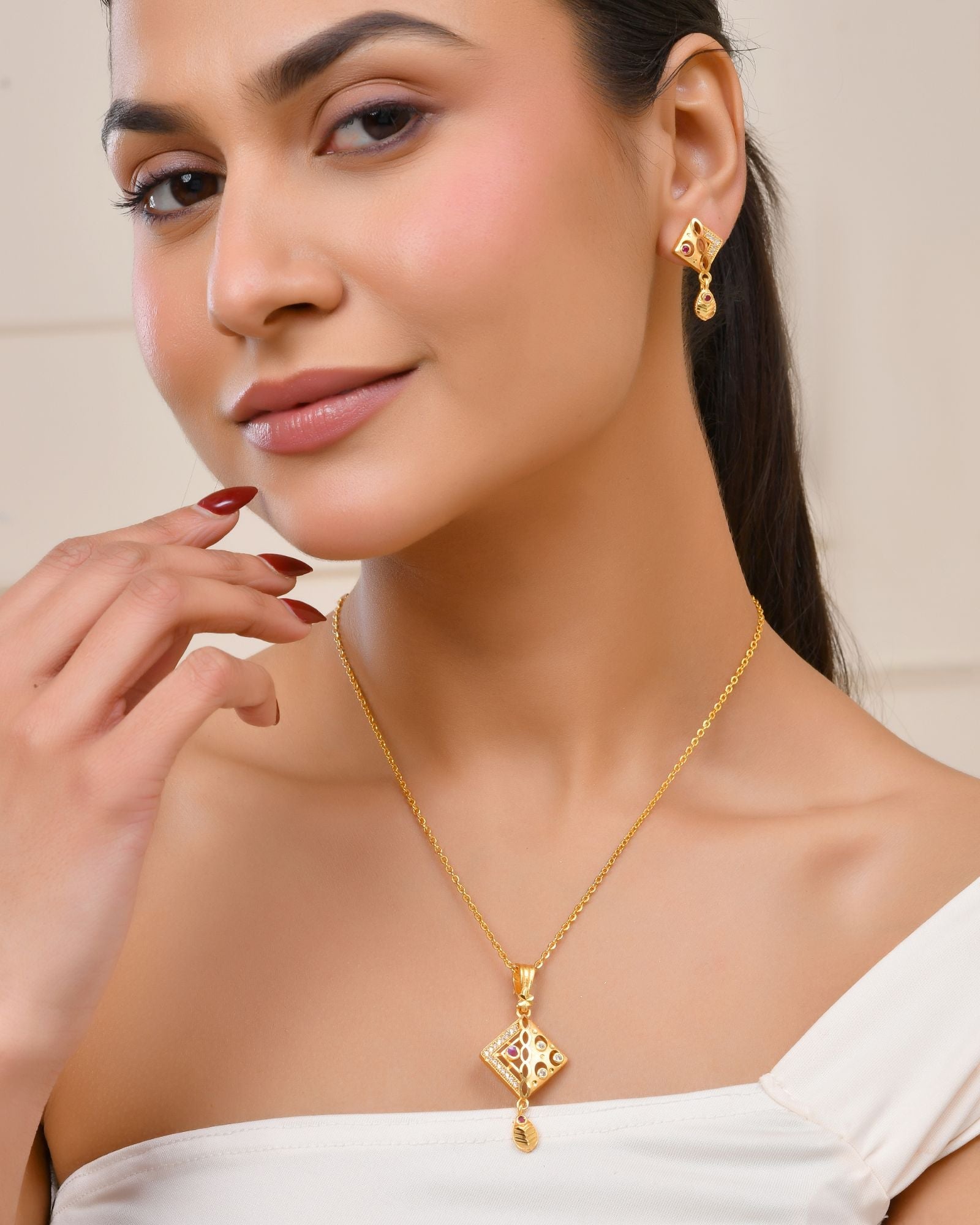 Jewels Nest Gold-Plated Square Pendant Necklace Set With Matching Earrings For Women | Grocsy