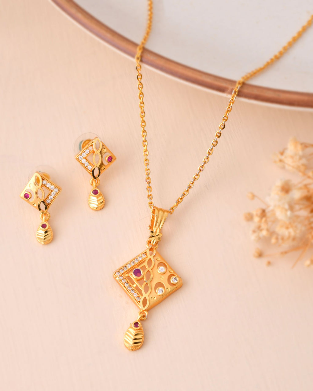 Jewels Nest Gold-Plated Square Pendant Necklace Set With Matching Earrings For Women | Grocsy