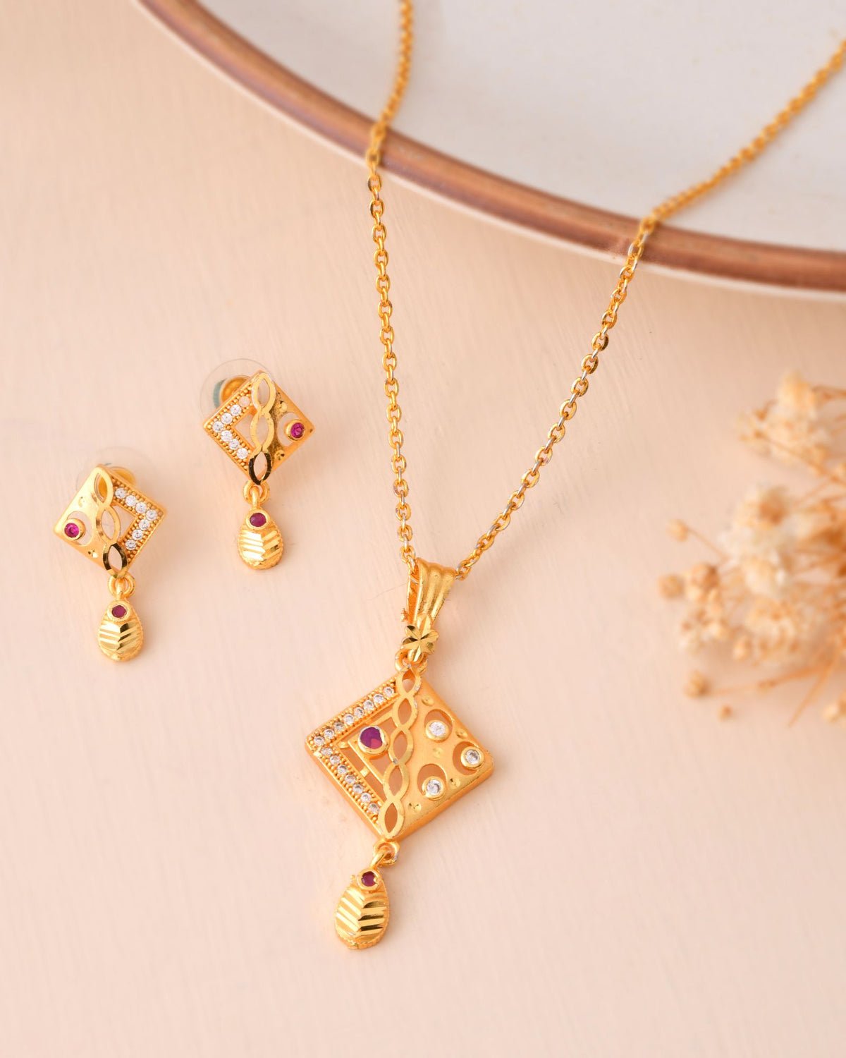 Jewels Nest Gold-Plated Square Pendant Necklace Set With Matching Earrings For Women | Grocsy