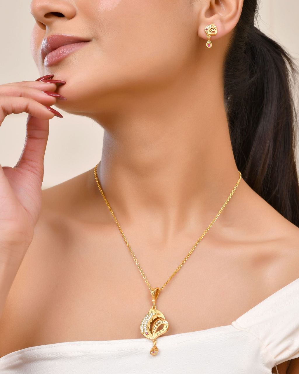 Jewels Nest Gold-Plated Designer Pendant Necklace Set With Matching Drop Earrings For Women | Grocsy