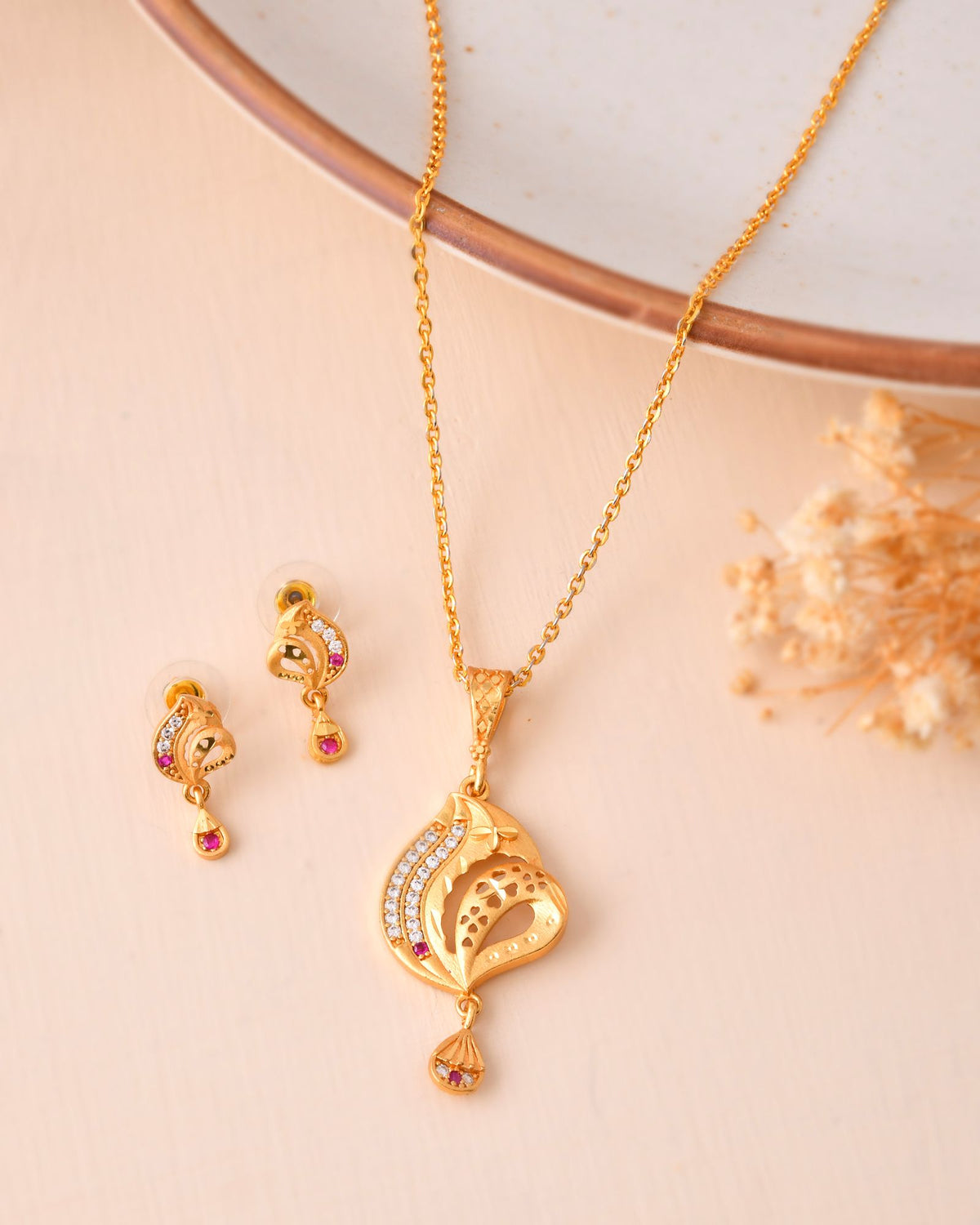 Jewels Nest Gold-Plated Designer Pendant Necklace Set With Matching Drop Earrings For Women | Grocsy