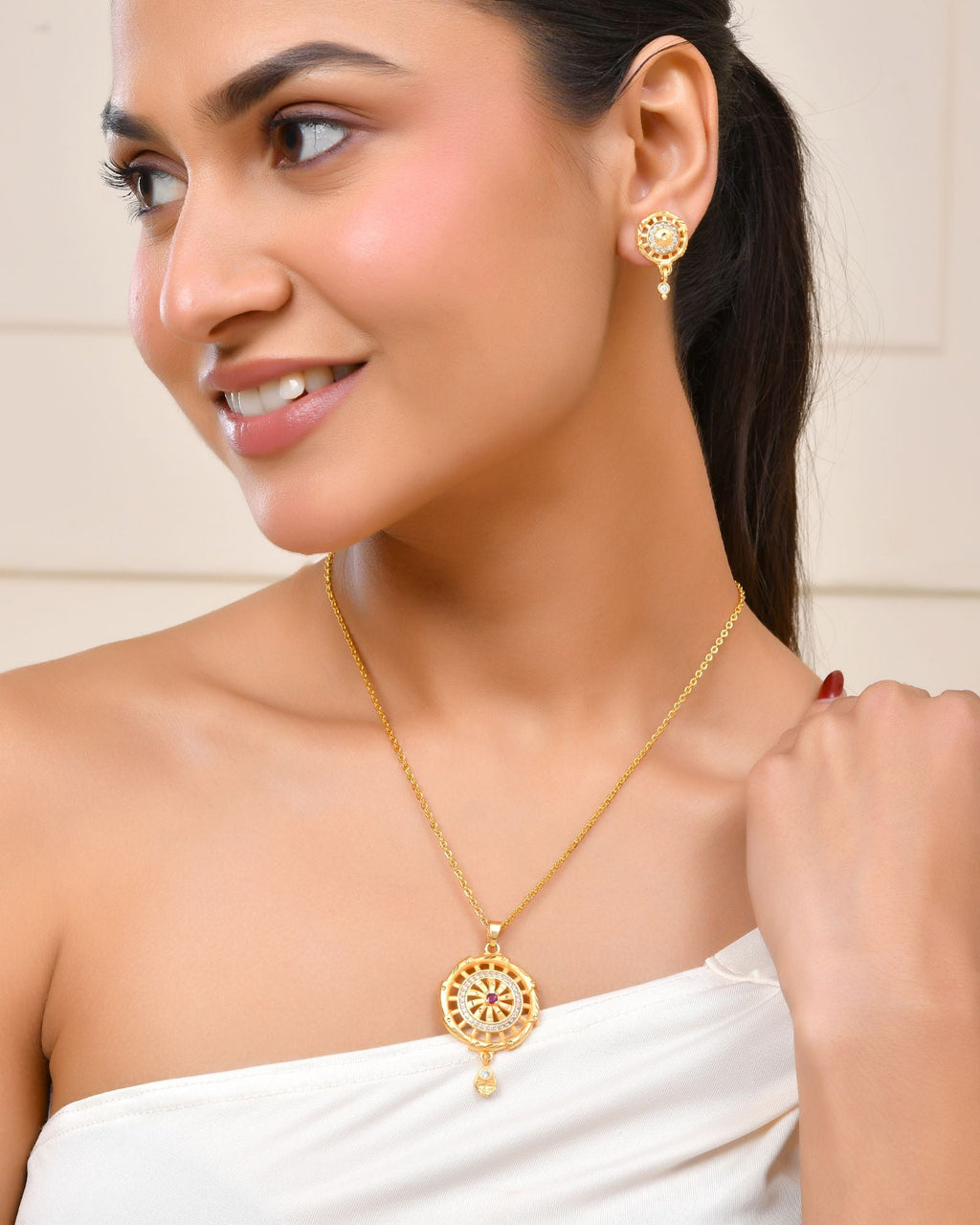 Jewels Nest Gold-Plated Circular Stone Pendant Necklace Set With Matching Earrings For Women | Grocsy