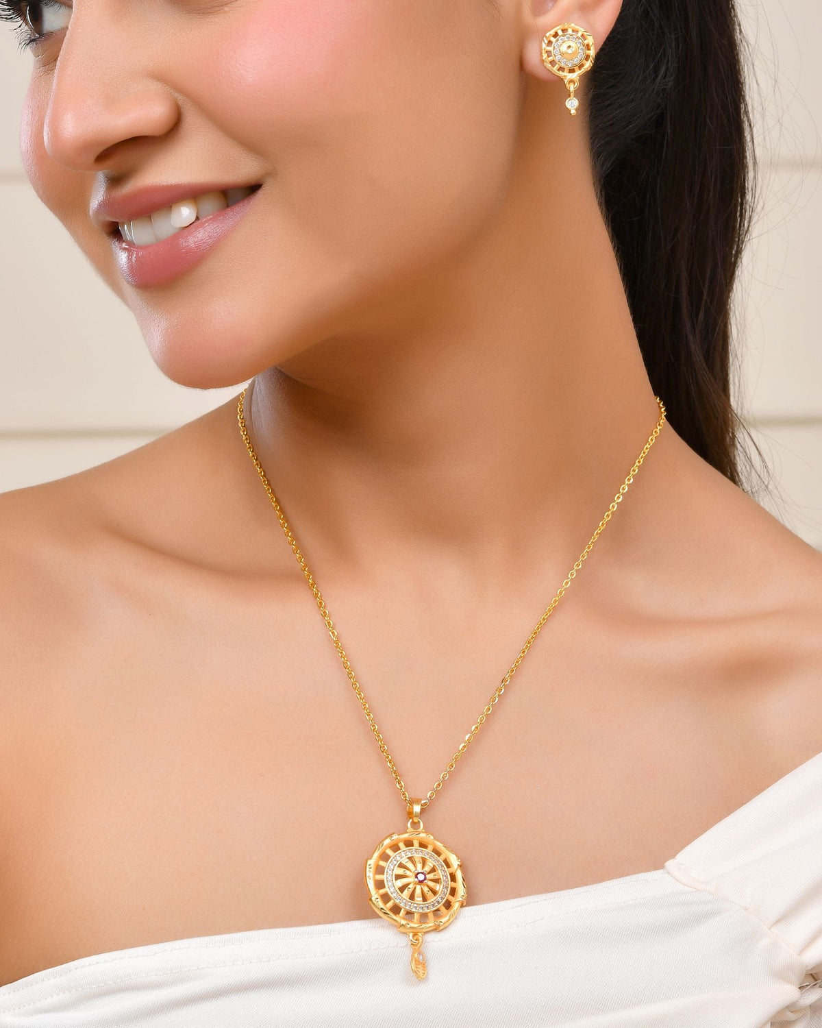 Jewels Nest Gold-Plated Circular Stone Pendant Necklace Set With Matching Earrings For Women | Grocsy