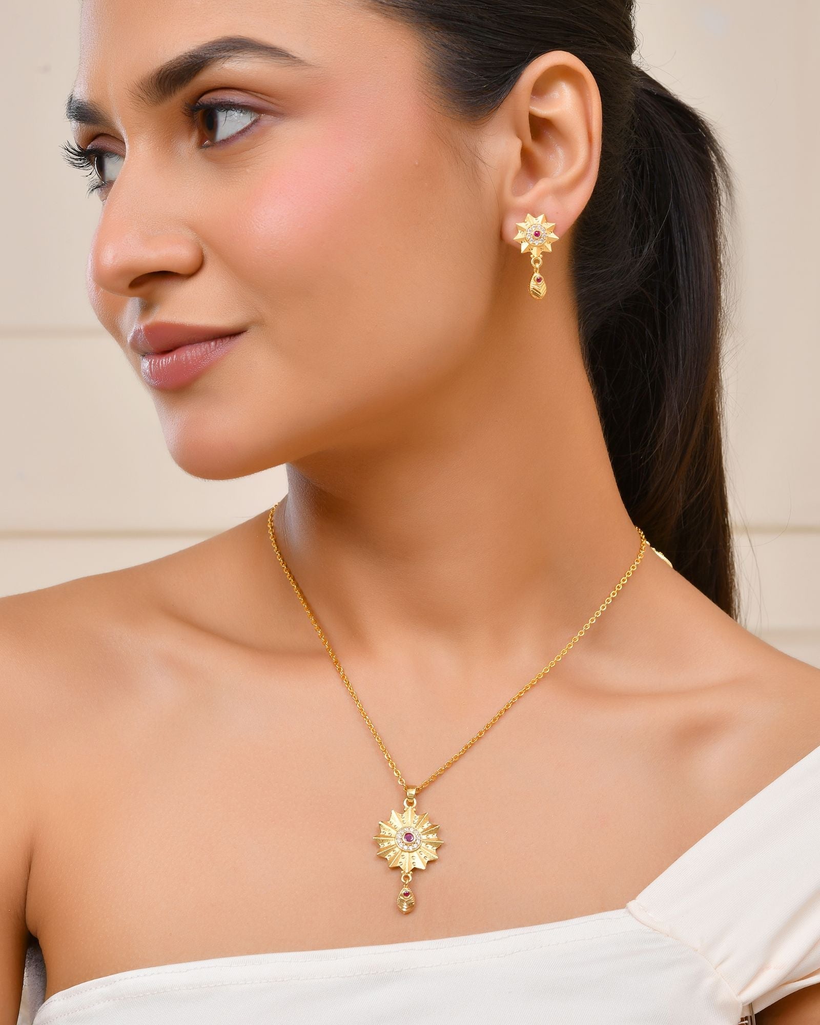 Jewels Nest Gold-Plated Sunburst Pendant Necklace Set With Matching Earrings For Women | Grocsy