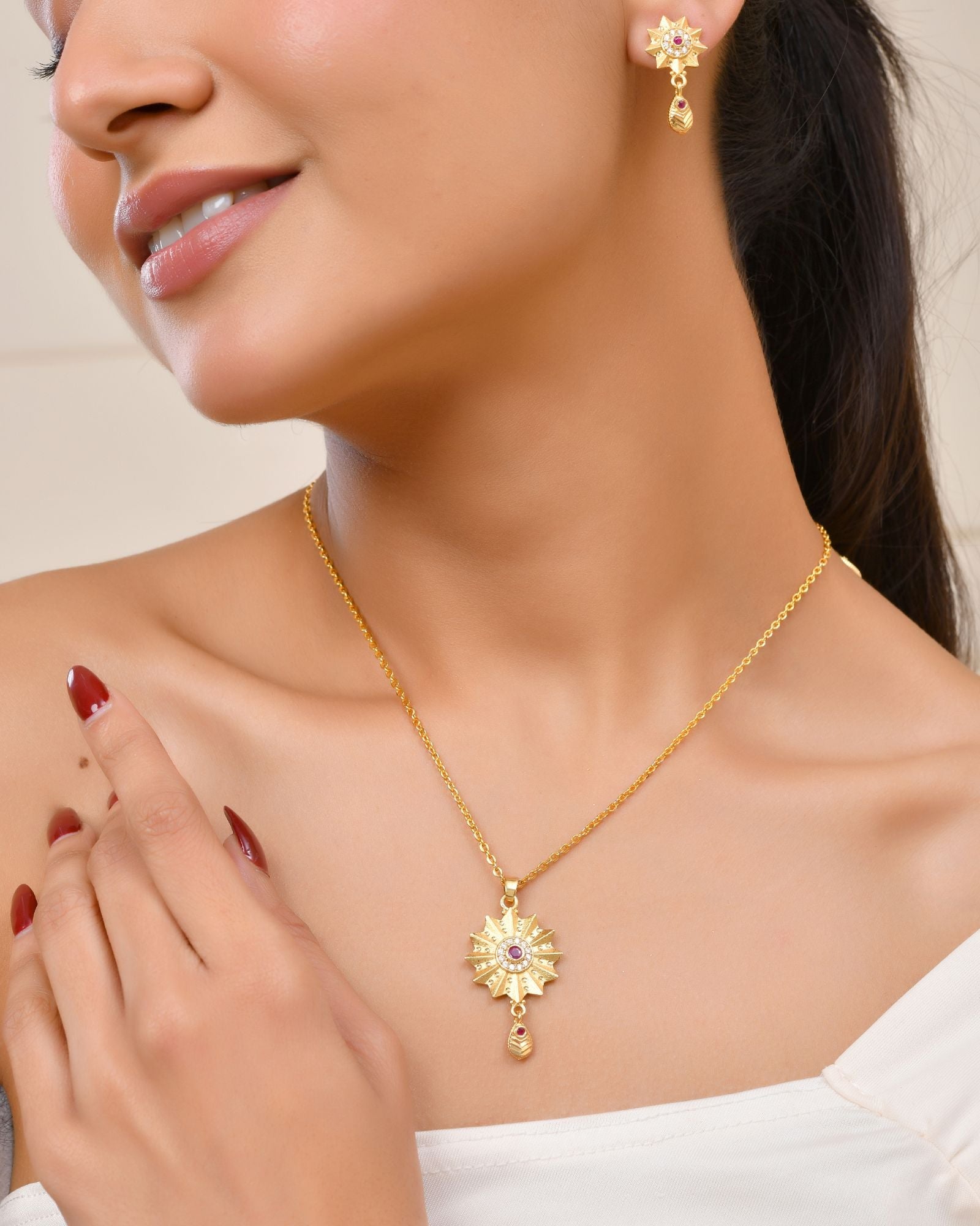 Jewels Nest Gold-Plated Sunburst Pendant Necklace Set With Matching Earrings For Women | Grocsy