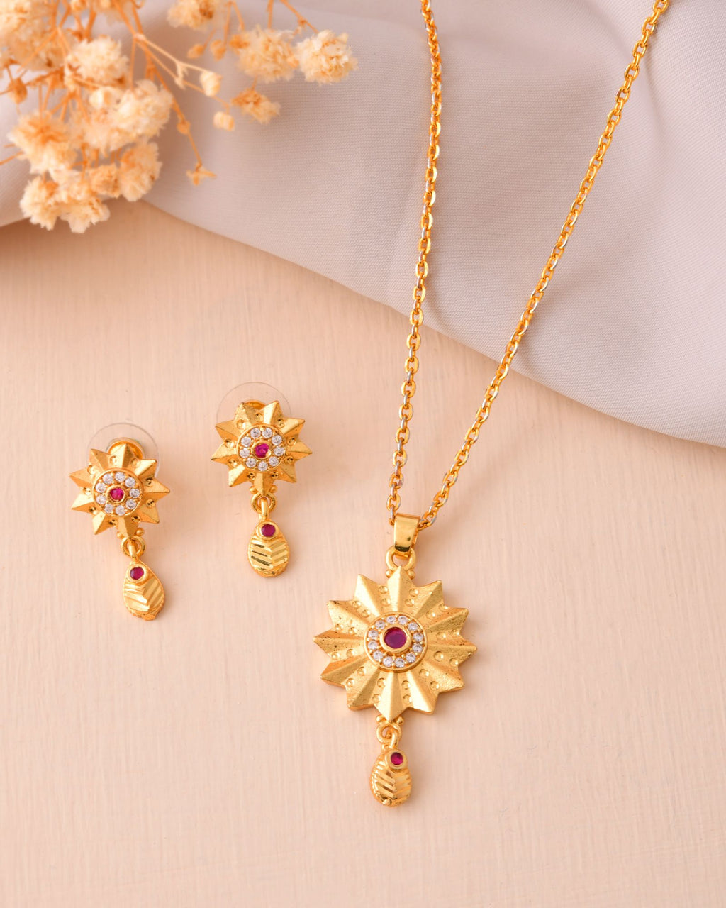 Jewels Nest Gold-Plated Sunburst Pendant Necklace Set With Matching Earrings For Women | Grocsy